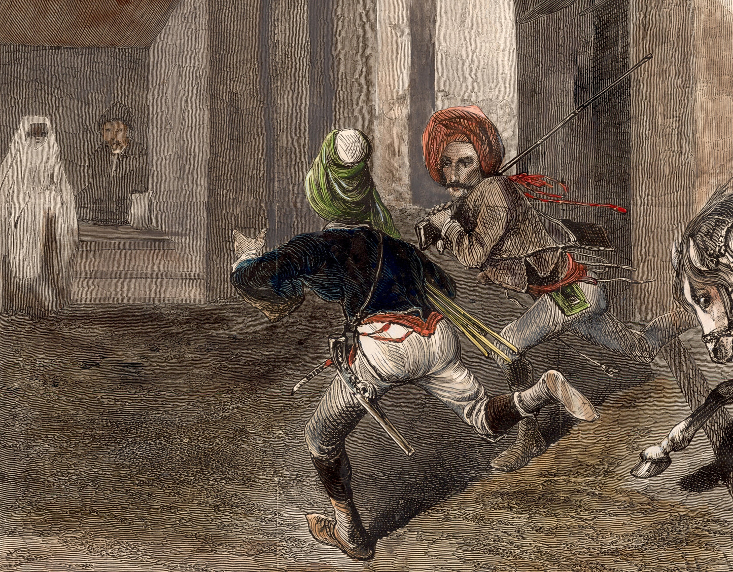 Large 1874 Antique Print - The Patrol at Smyrna - Hand Colored - Full Page - Illustrated London News - Alexandre-Gabriel Decamps