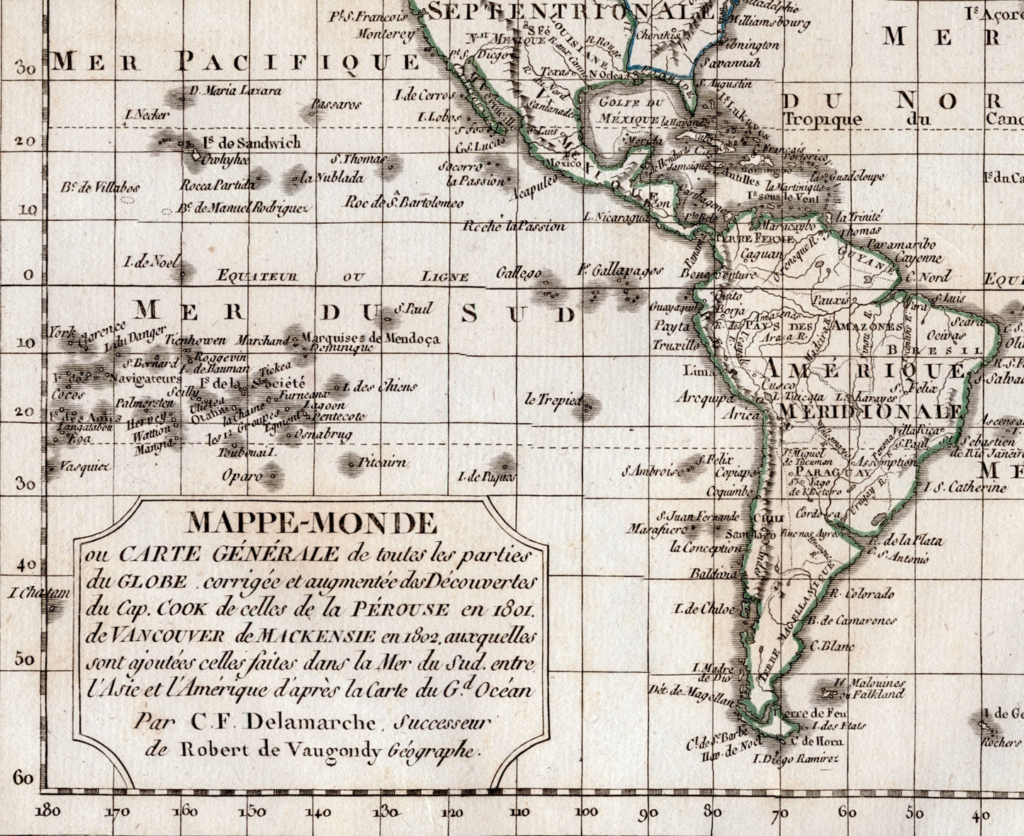 Vintage World Map from 1812 - Old Hand Coloured Vaugondy/Delamarche Map (ET)