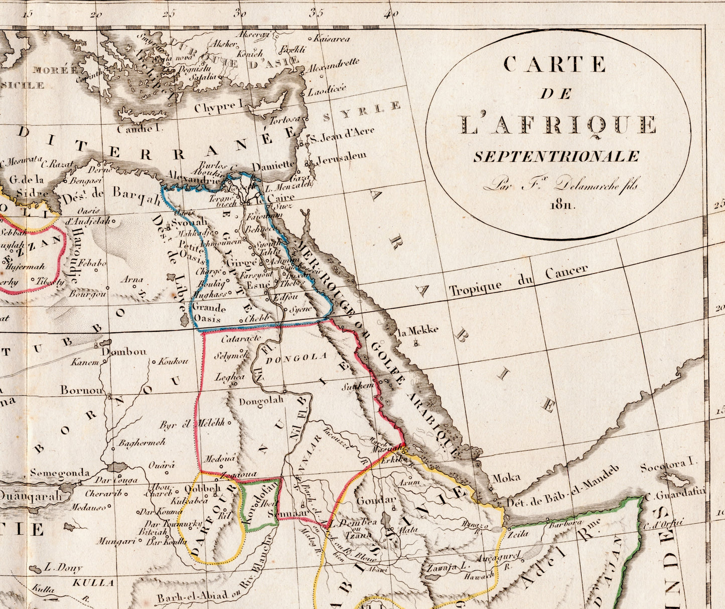 Vintage Map of Northern Africa - Sahara - Horn of Africa - Barbary Coast - Hand Coloured Vaugondy/Delamarche Map - 1811 Map (ET)