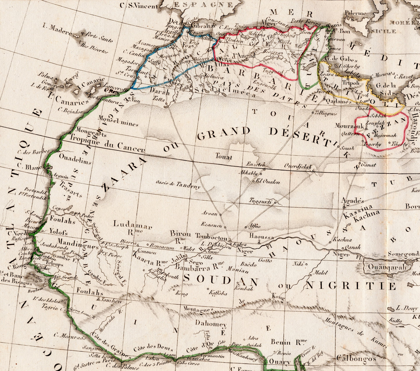 Vintage Map of Northern Africa - Sahara - Horn of Africa - Barbary Coast - Hand Coloured Vaugondy/Delamarche Map - 1811 Map (ET)