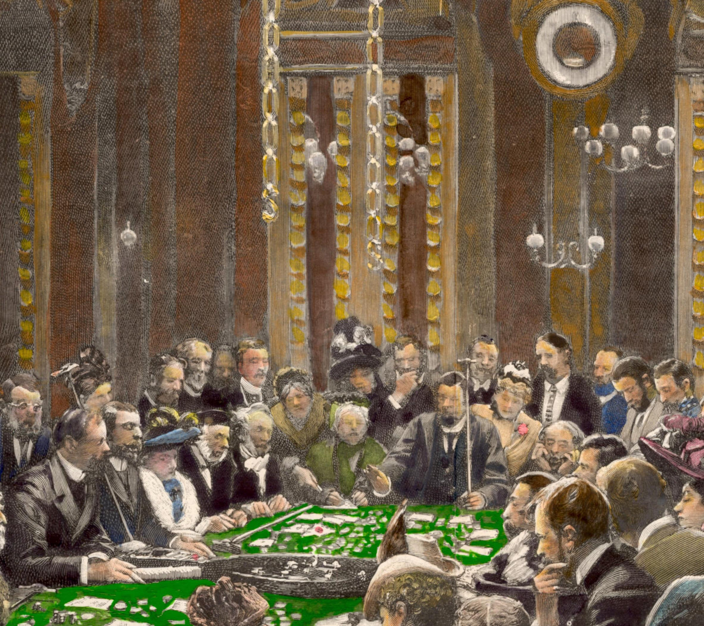 The Gambling Rooms at Monte Carlo - 1890 RARE Large Handcoloured Antique Double Page Print - Jean Béraud