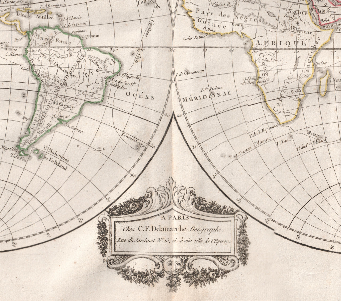Vintage World Map - 1812 Old Map of the World in Hemispheres - Hand Coloured Vaugondy/Delamarche Map (ET)