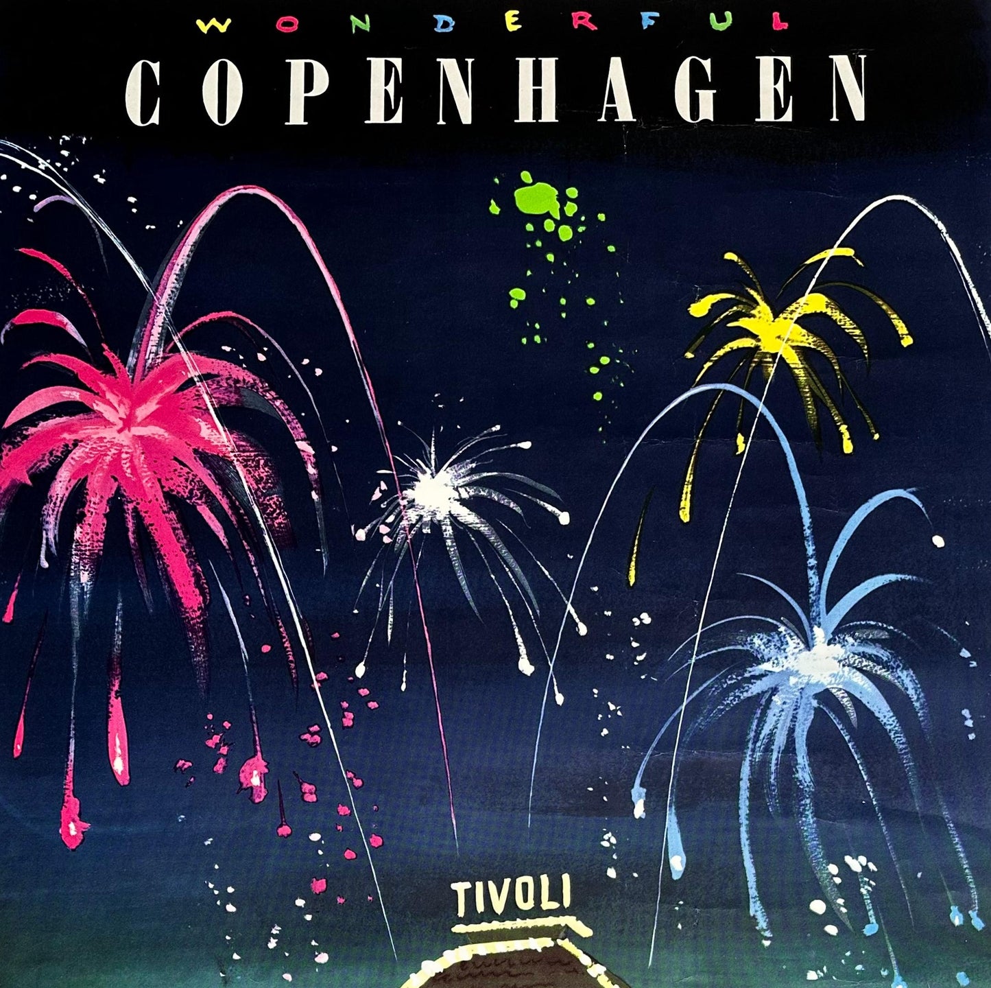 1965 Vintage Poster / Tivoli Gardens, Copenhagen, Denmark / Travel / Fireworks / Night Scene / Belle Epoque / Danish Design / Amusement Park