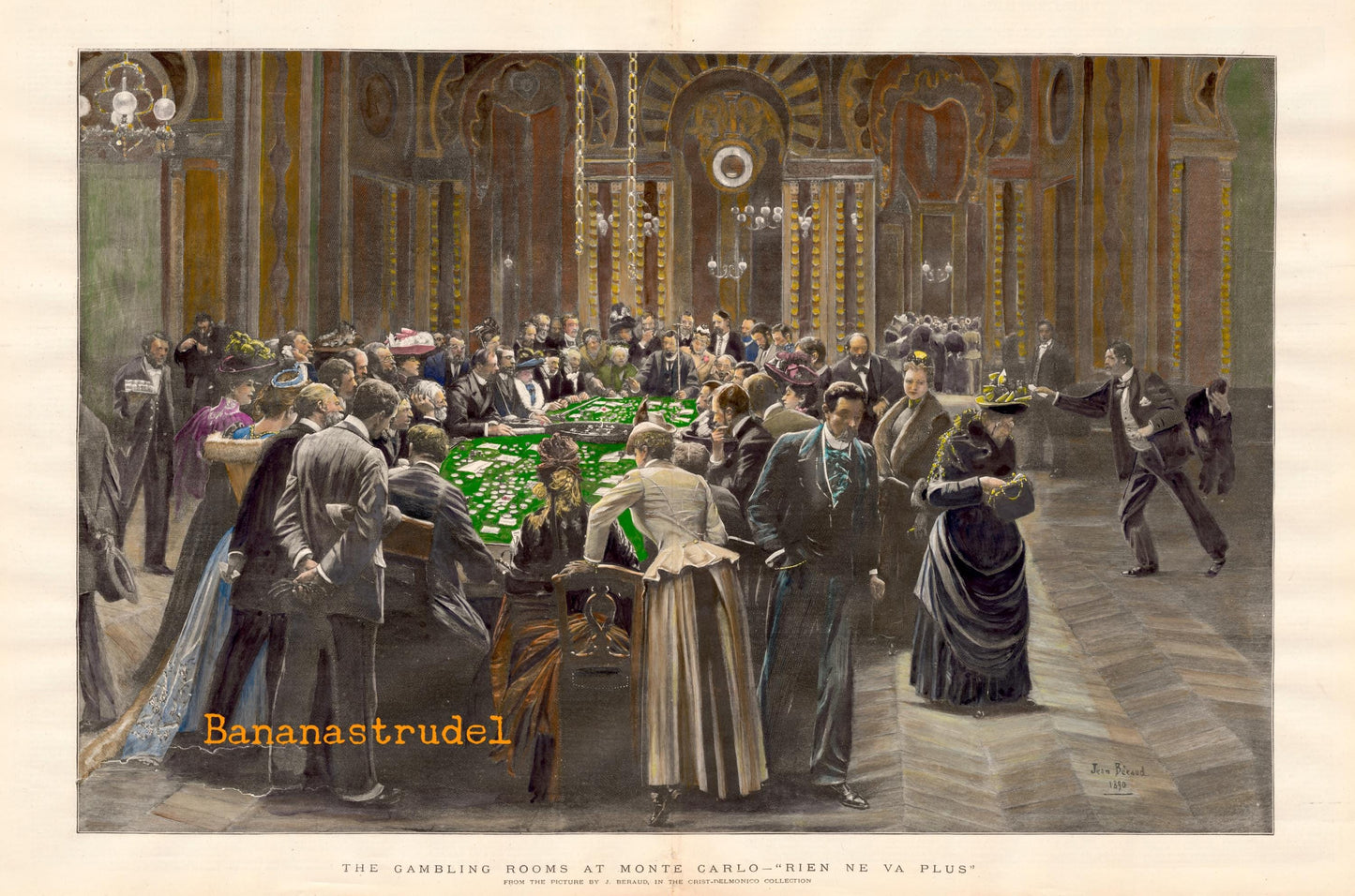 The Gambling Rooms at Monte Carlo - 1890 RARE Large Handcoloured Antique Double Page Print - Jean Béraud
