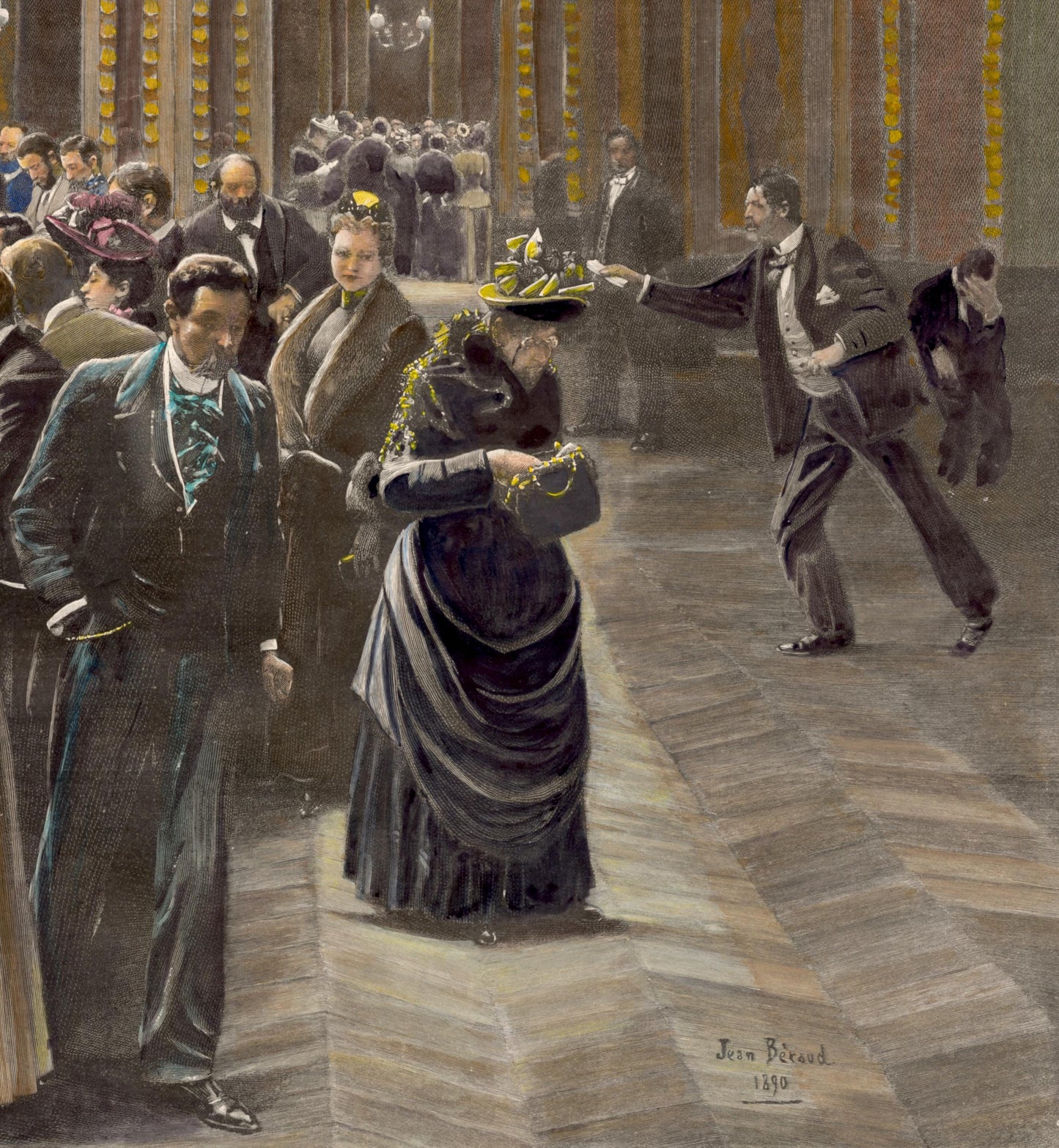 The Gambling Rooms at Monte Carlo - 1890 RARE Large Handcoloured Antique Double Page Print - Jean Béraud