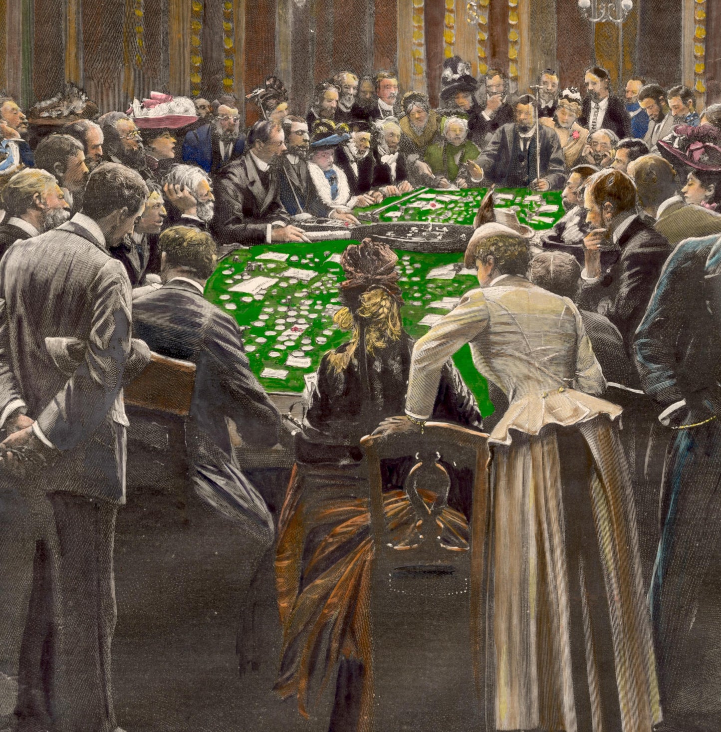 The Gambling Rooms at Monte Carlo - 1890 RARE Large Handcoloured Antique Double Page Print - Jean Béraud