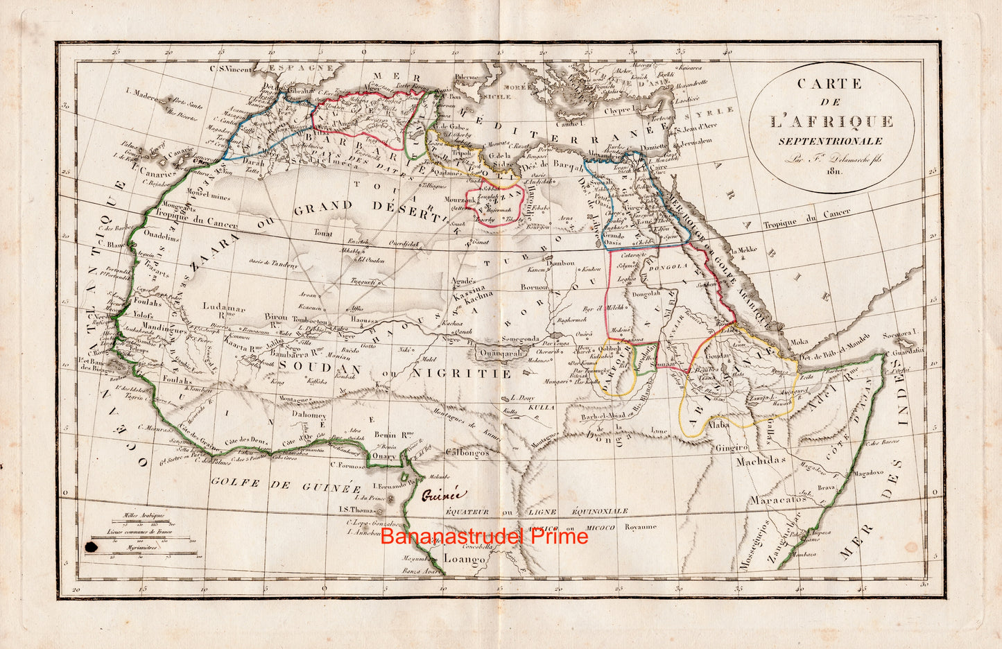 Vintage Map of Northern Africa - Sahara - Horn of Africa - Barbary Coast - Hand Coloured Vaugondy/Delamarche Map - 1811 Map (ET)