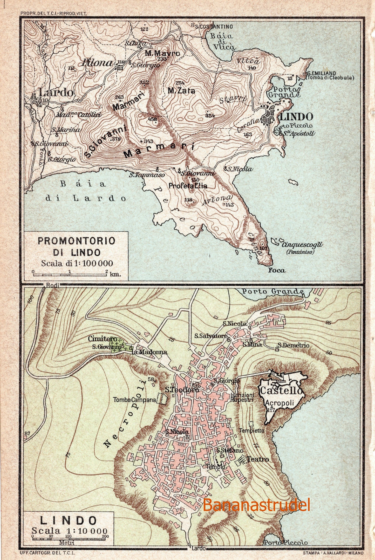 DIGITAL DOWNLOAD - Antique Map of Lindos, Rhodes, Greece - Published 1929