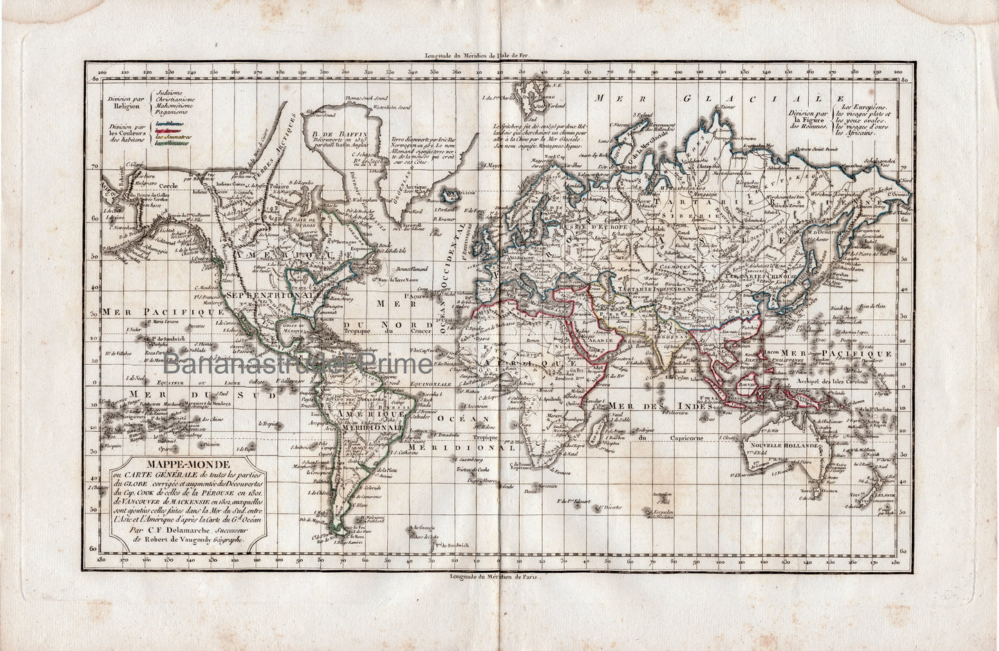 Vintage World Map from 1812 - Old Hand Coloured Vaugondy/Delamarche Map (ET)