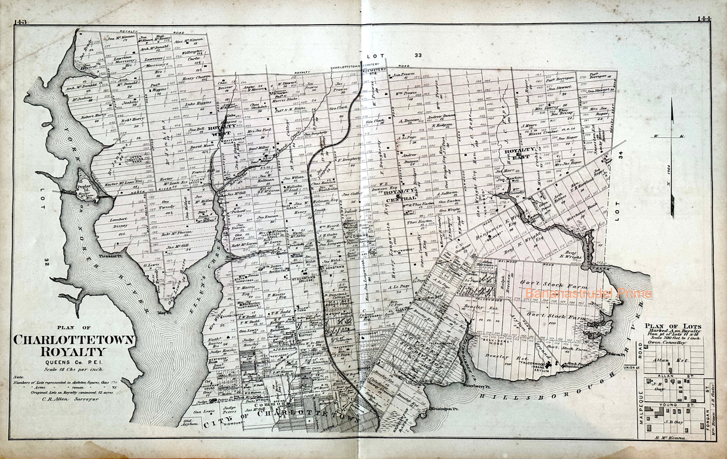 1880 Large Rare Antique Map of Charlottetown Royalty (Queens Royalty), Queens County, Prince Edward Island - PEI - Handcoloured