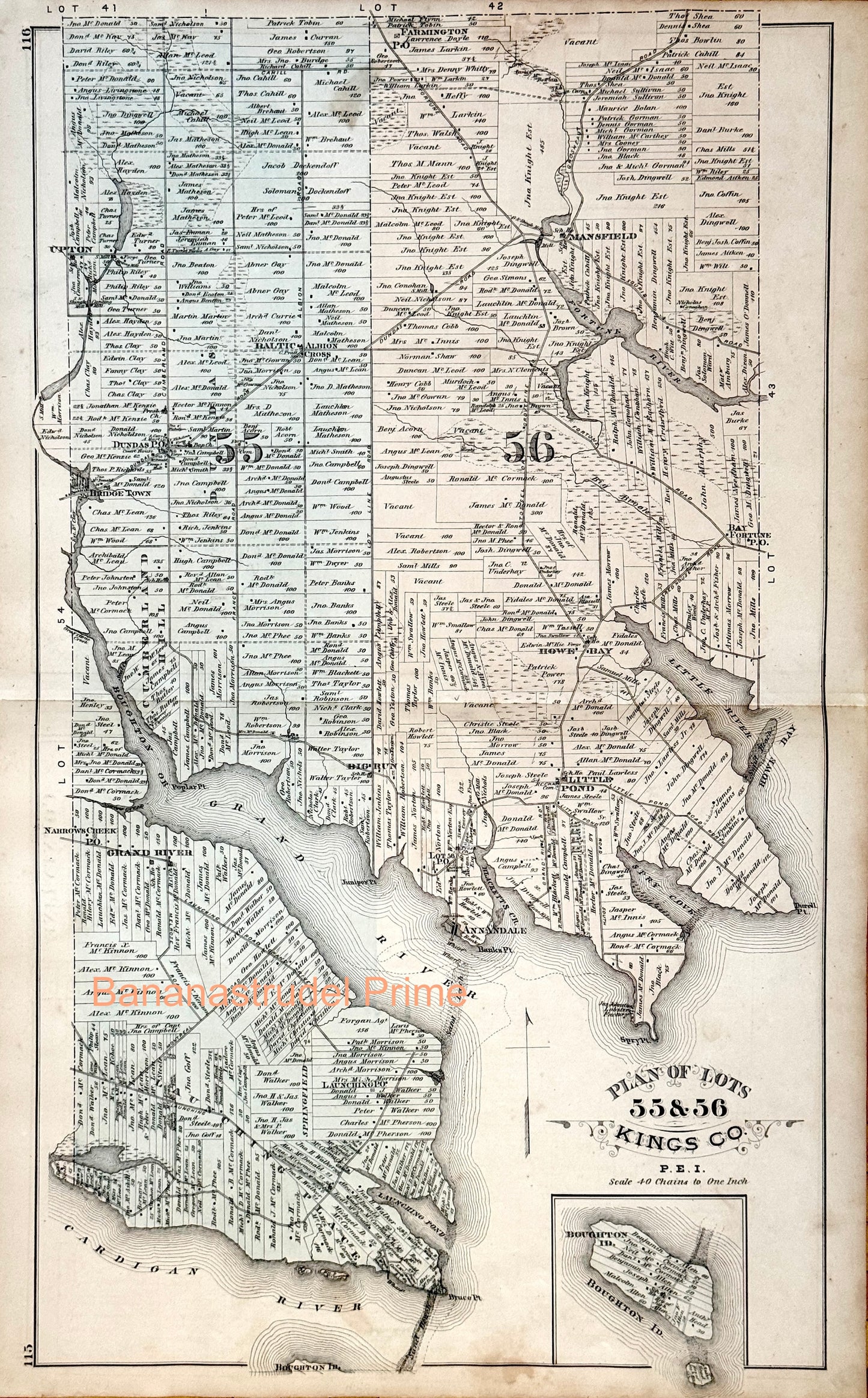 1880 Large Rare Vintage Map of Lots 55 and 56, Kings County, PEI. With inset of Boughton Island - Handcoloured Handcolored