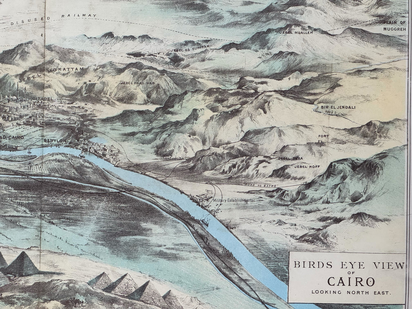 1882 Rare Bird's Eye View of Cairo - Antique Poster-sized Print - Nile River - Pharaohs - Rare Antique Chromolithograph - Pyramids - Giza