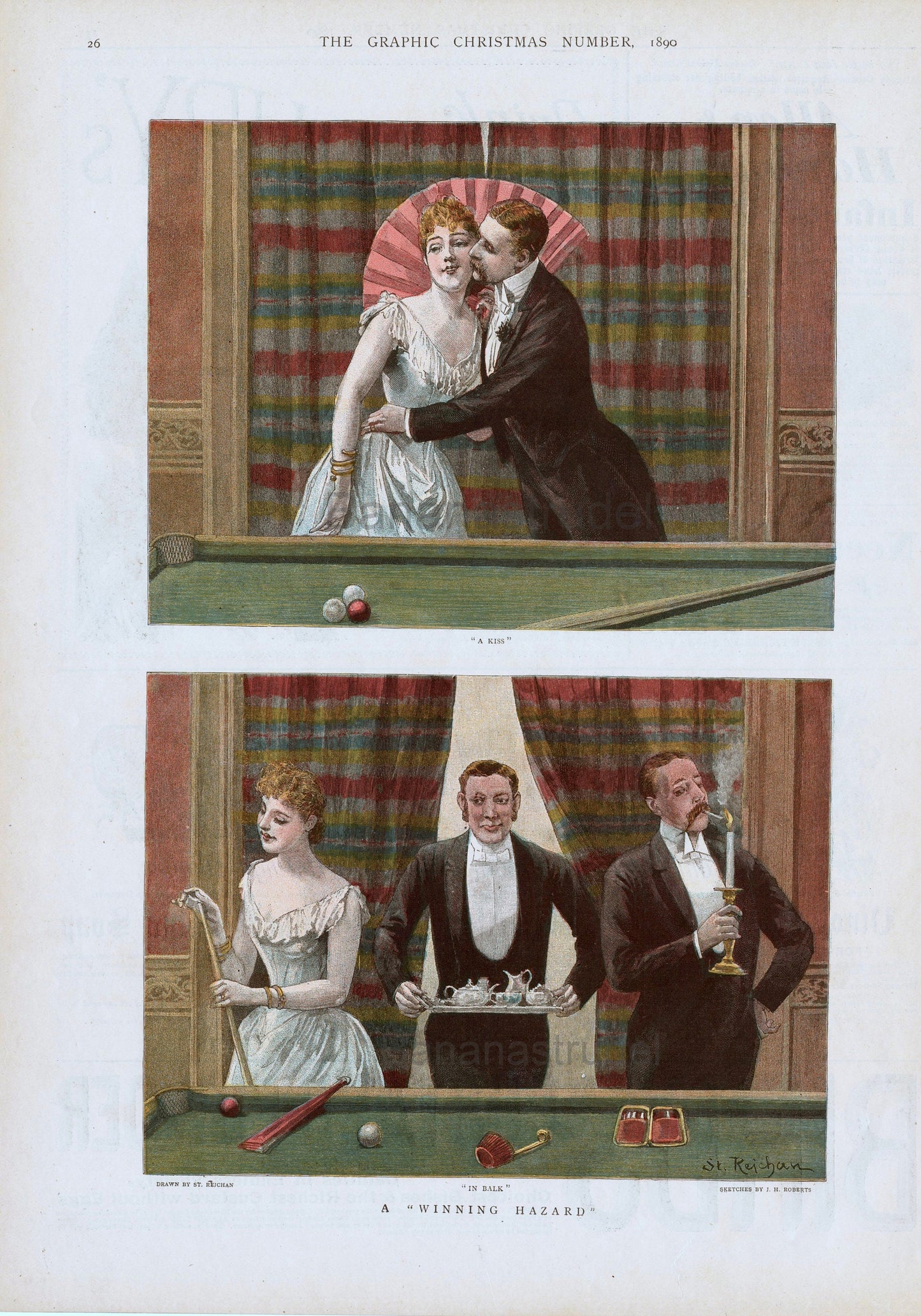 1890 Lithograph of Billiard Players Large Rare Antique Colour - A "Winning Hazard" - A Kiss - In Balk - Pool - Snooker - The Graphic