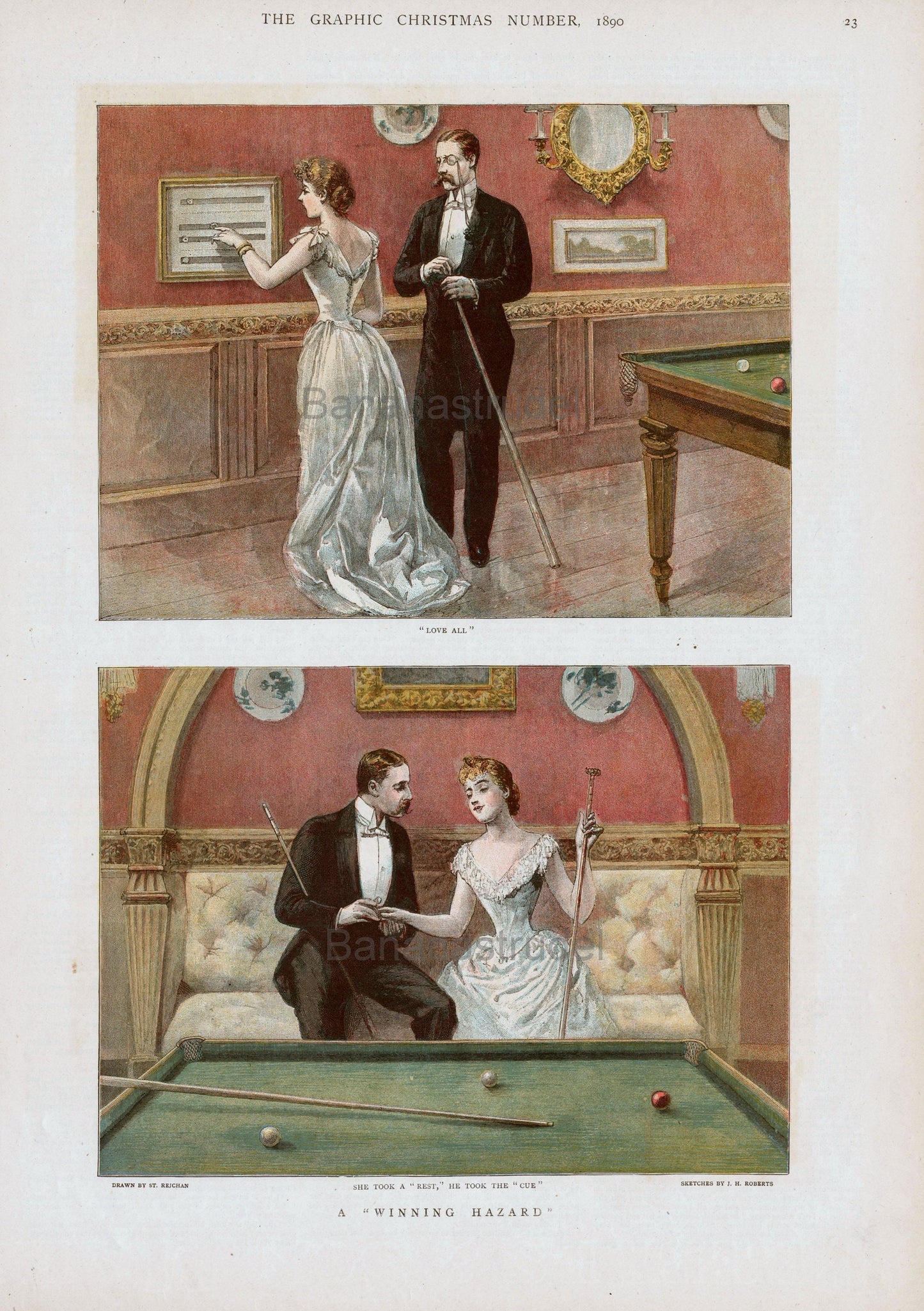 1890 Lithograph of Billiard Players 0 Large Rare Antique Colour - "Winning Hazard" Love All - He Took the "Cue" Pool Snooker Couple in love