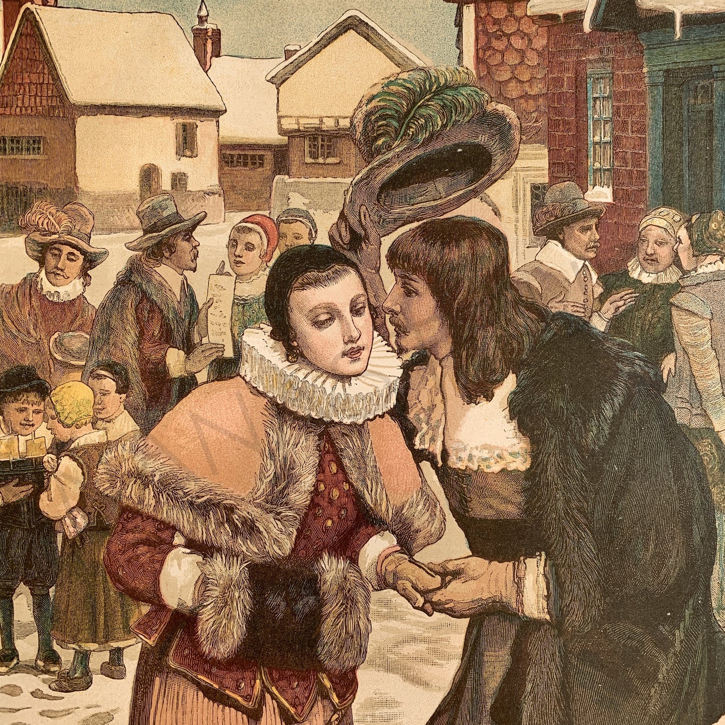 1882 A Kiss - Old New York - Large Rare Antique Colour Lithograph Print - Boughton - Winter Scene - Costume