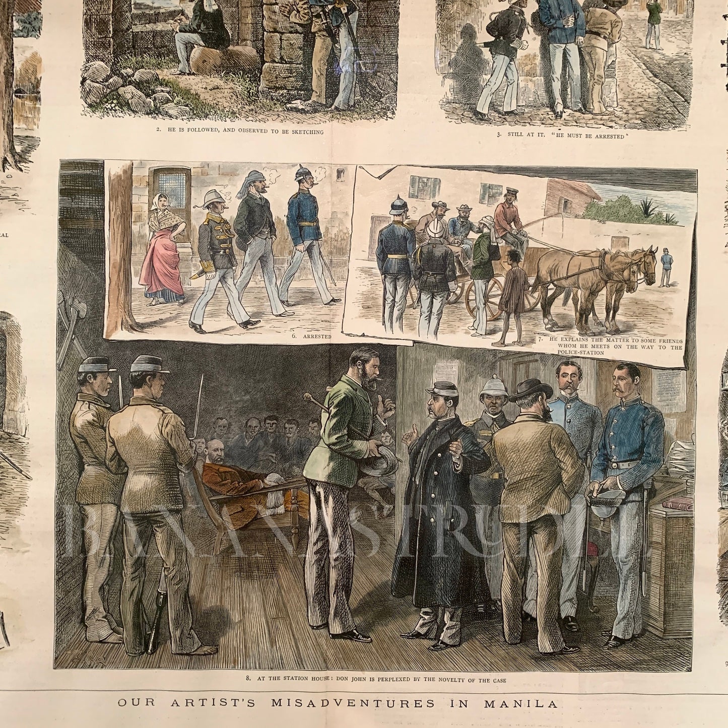 1889 RARE Large Antique Handcoloured Double Page Engraving Our Artist's Misadventures in Manila, Philippines Spanish Era British Artist