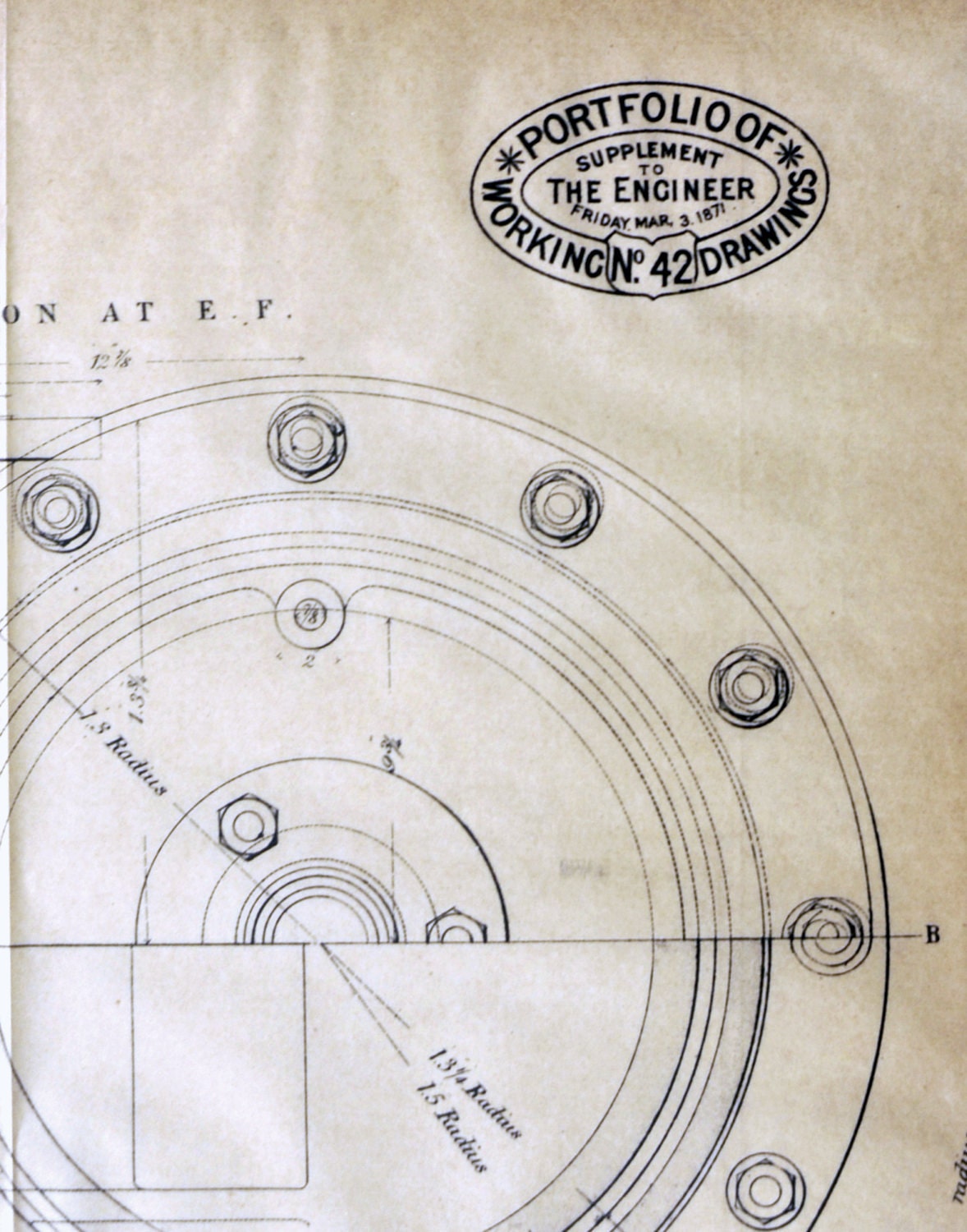 1871 Rare Poster-Sized Blueprint / Technical Drawing. Beam Engine, Luton Water Works.