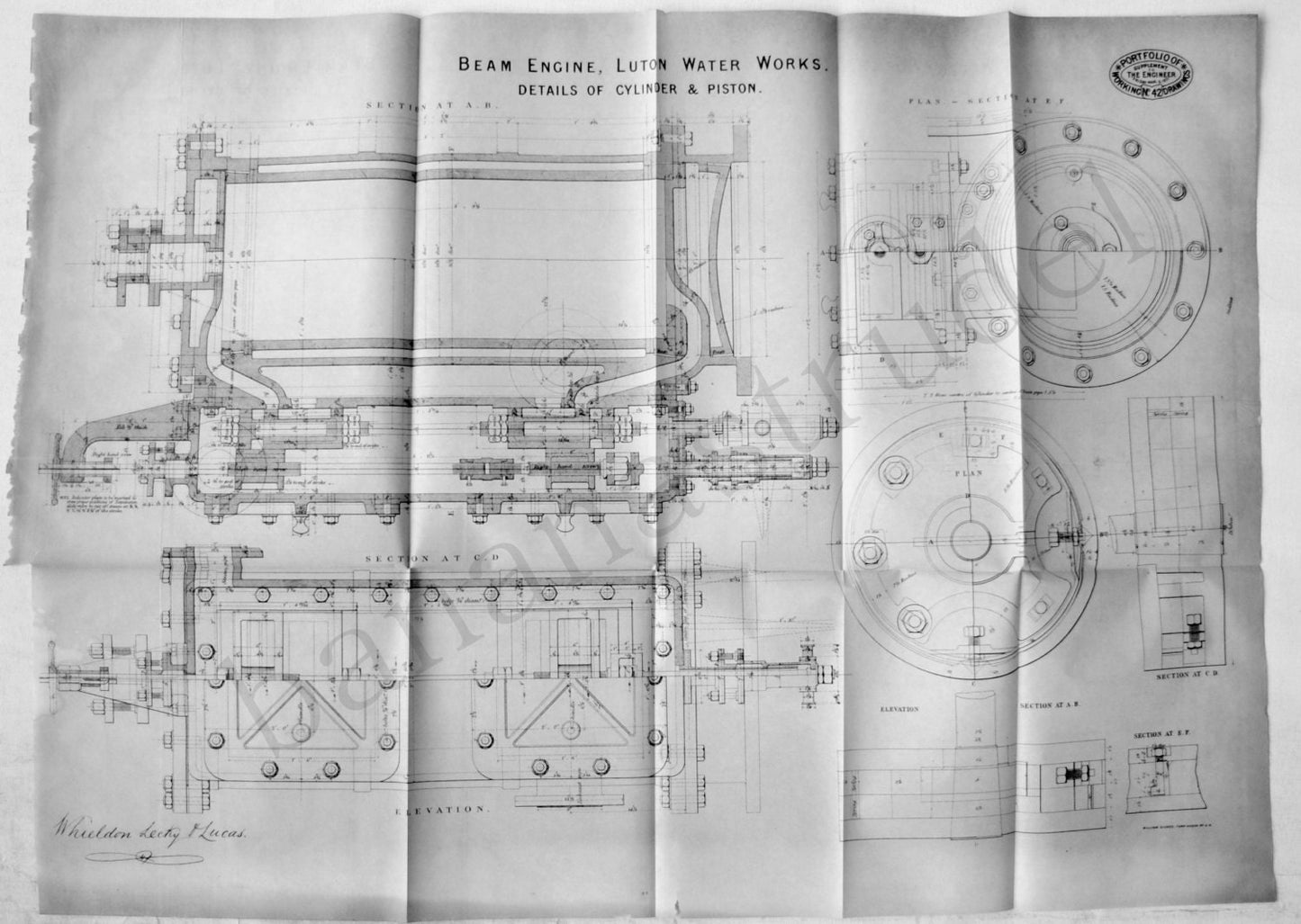 1871 Rare Poster-Sized Blueprint / Technical Drawing. Beam Engine, Luton Water Works.