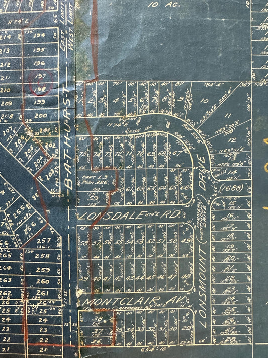 Rare ca. 1929 Blueprint Map / Forest Hill / Town of York / Lonsdale Road, Vesta Drive, Strathearn, Rosemary Lane, Milbank, Montclair Part 2