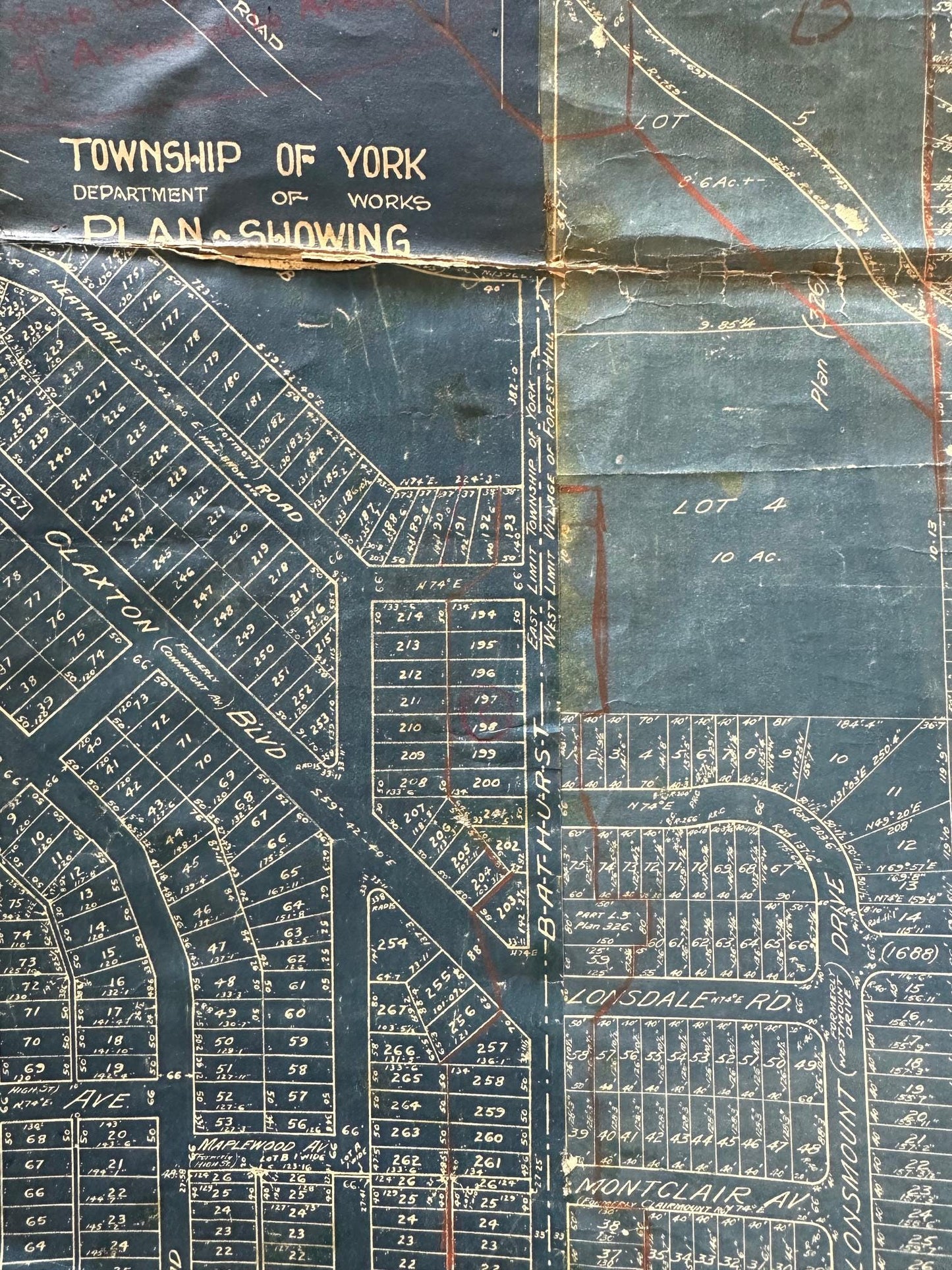 Rare ca. 1929 Blueprint Map / Forest Hill / Town of York / Lonsdale Road, Vesta Drive, Strathearn, Rosemary Lane, Milbank, Montclair Part 2