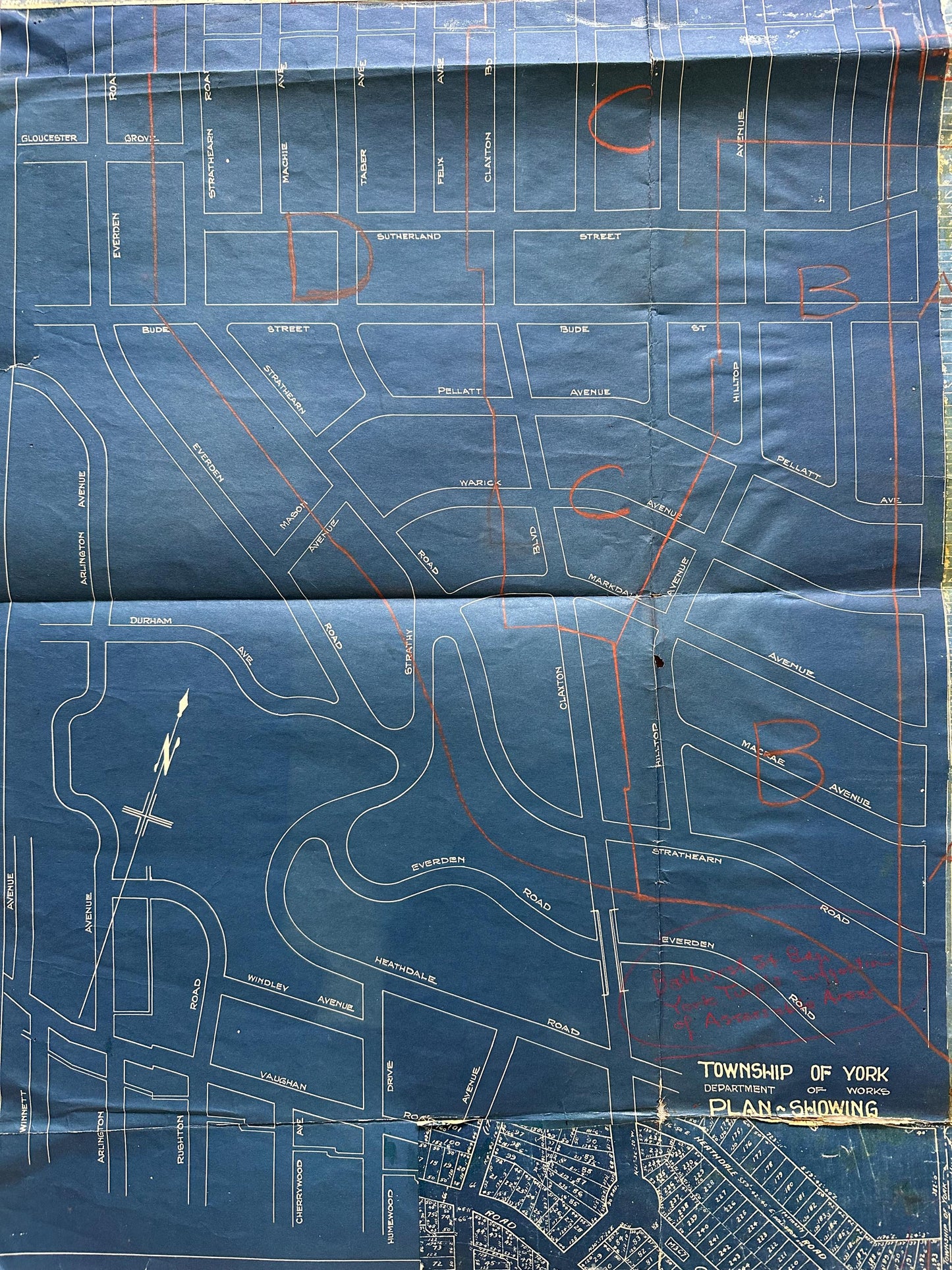 Rare ca. 1929 Blueprint Map / Forest Hill / Town of York / Lonsdale Road, Vesta Drive, Strathearn, Rosemary Lane, Milbank, Montclair Part 2