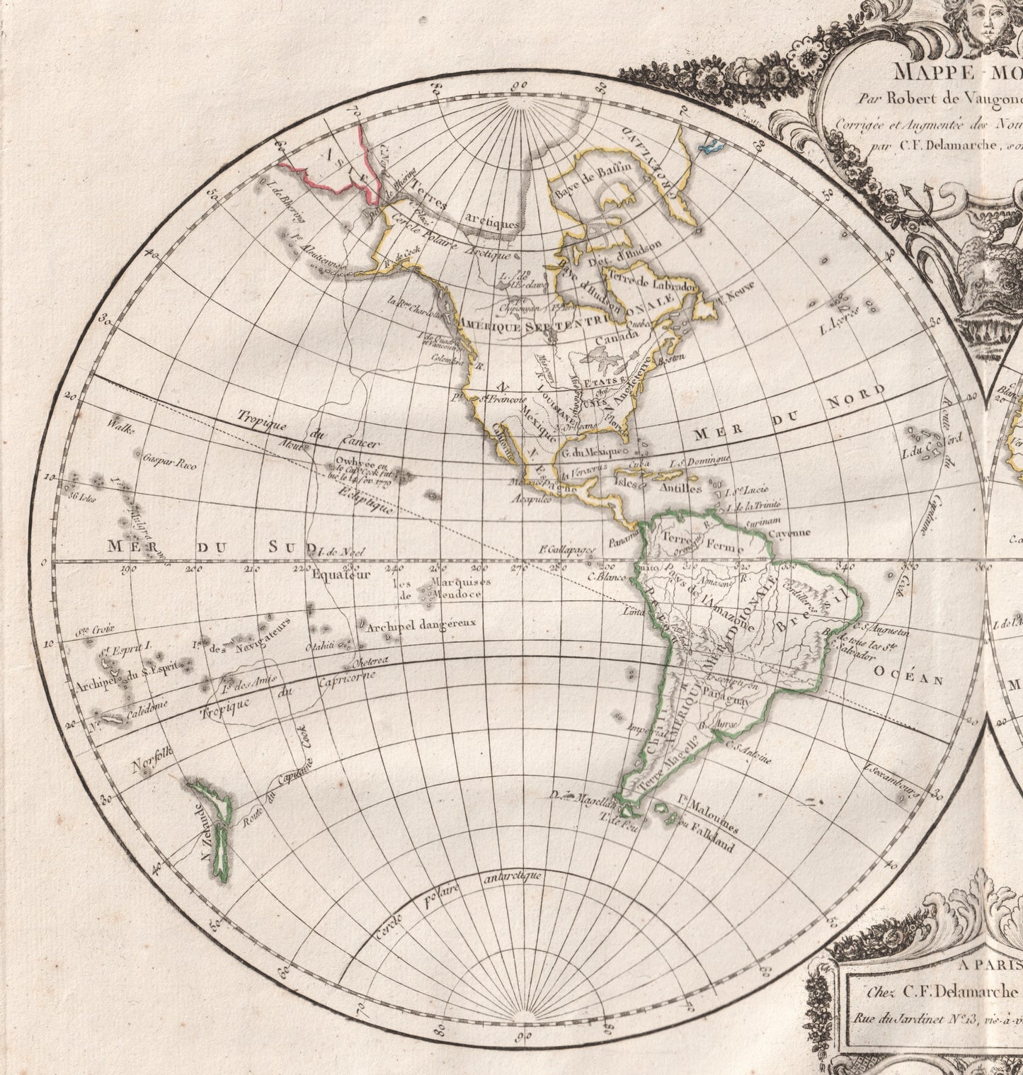 Vintage World Map - 1812 Old Map of the World in Hemispheres - Hand Coloured Vaugondy/Delamarche Map