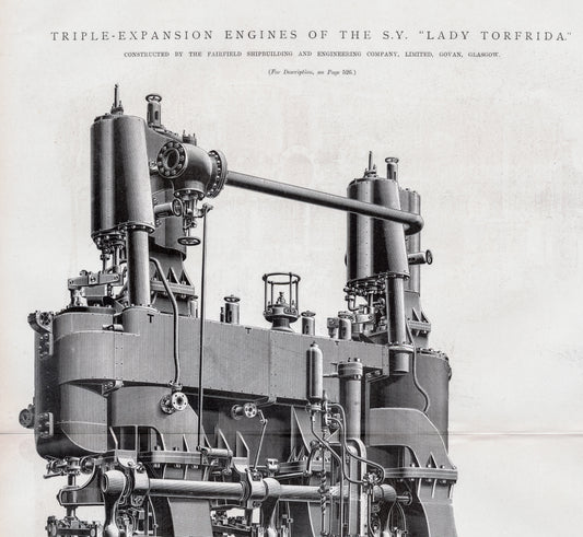 Triple Expansion Engines of the S. V. Lady Torfrida - Large Antique Technical Drawing - 1889 Rare Poster-Sized Engineering Drawing