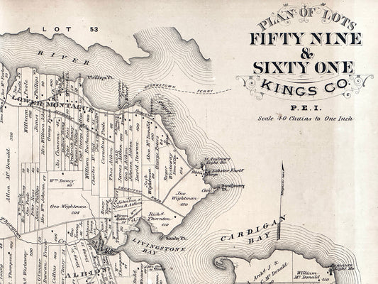 Antique Map of Prince Edward Island - Lots 59 and 61, Kings County - 1880 Large Rare Handcolored Map - Panmure Island - Montague Bridge - Cardigan Bay