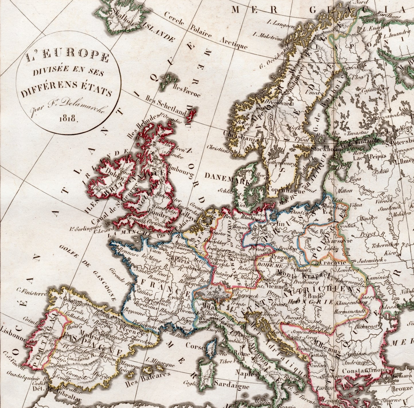 Vintage Map of Europe - 1818 Hand Coloured Vaugondy/Delamarche Map (ET)