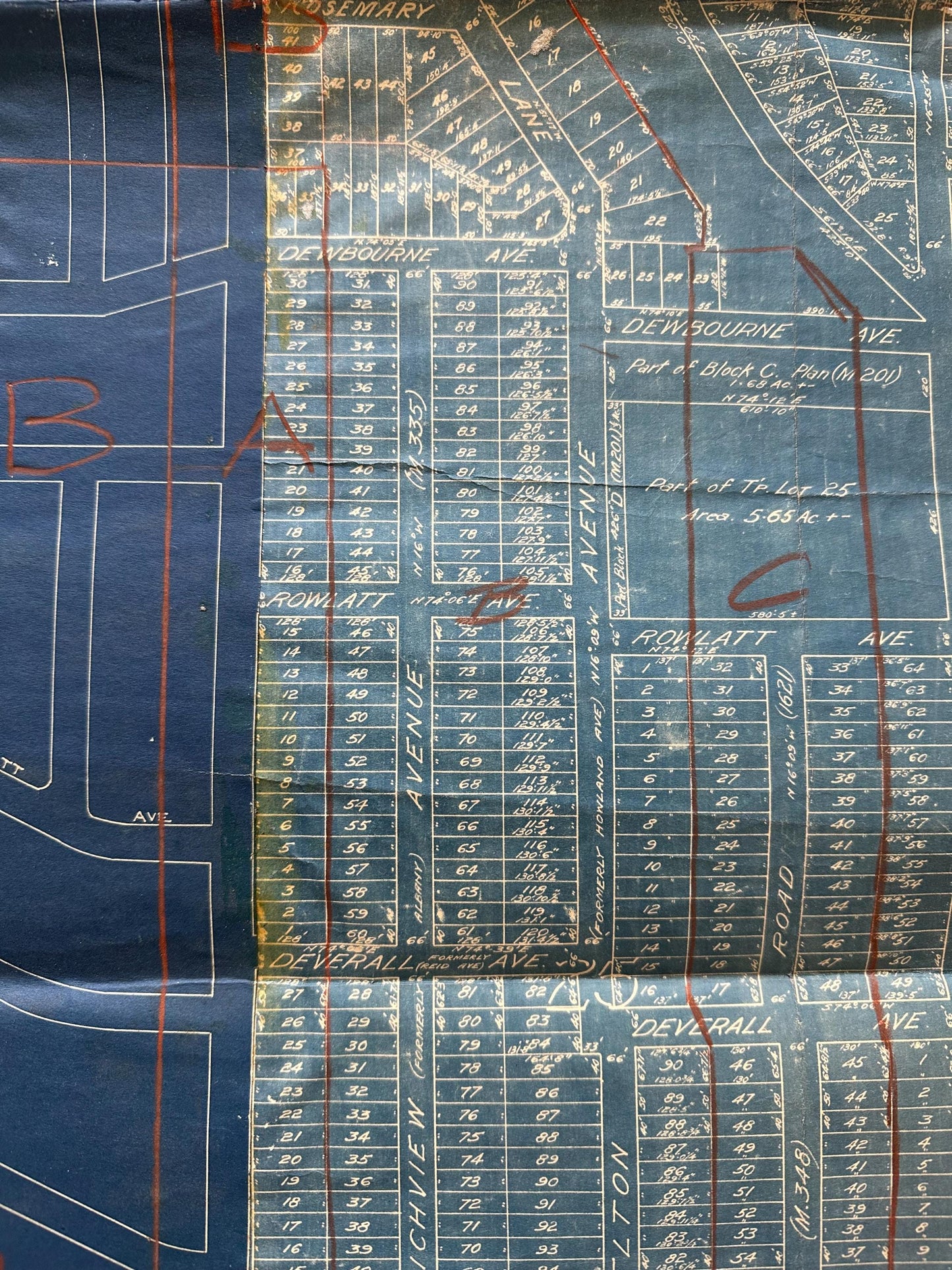 Rare ca. 1929 Blueprint Map / Forest Hill / Town of York / Lonsdale Road, Vesta Drive, Strathearn, Rosemary Lane, Milbank, Montclair Part 2