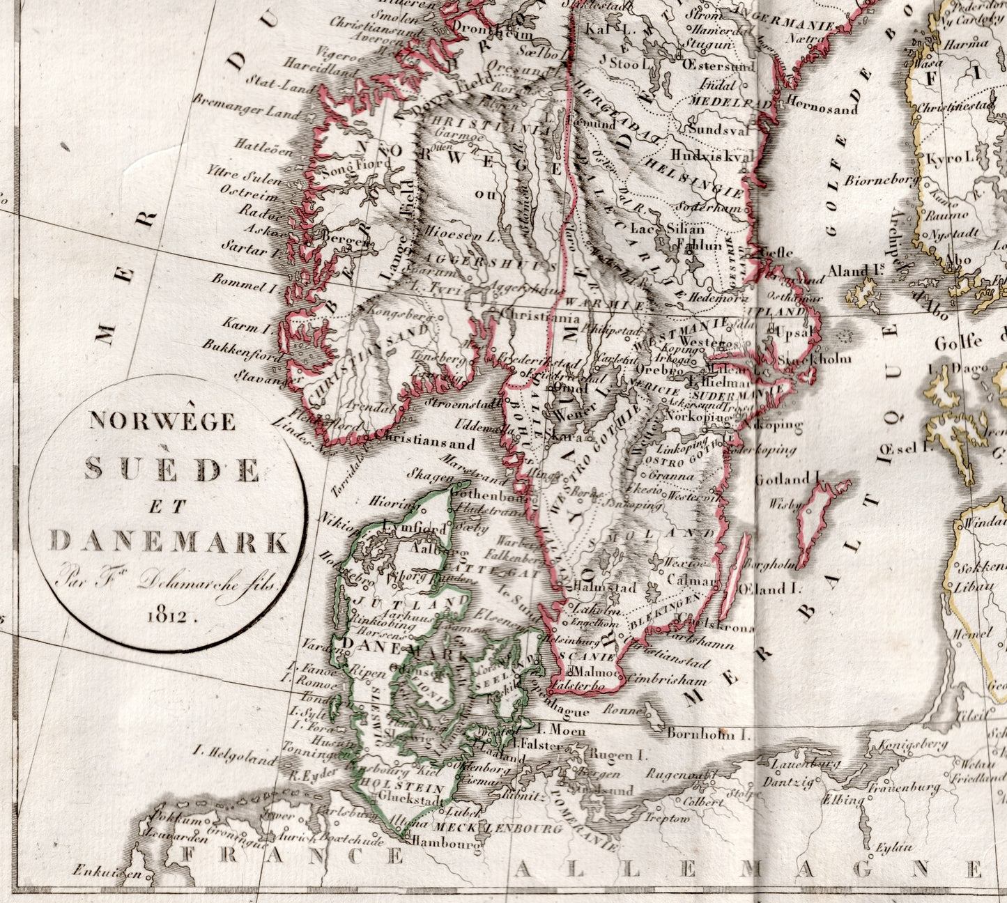 Vintage Map of Norway, Sweden, and Iceland - Old Map from 1812 - Hand Coloured Vaugondy/Delamarche Map