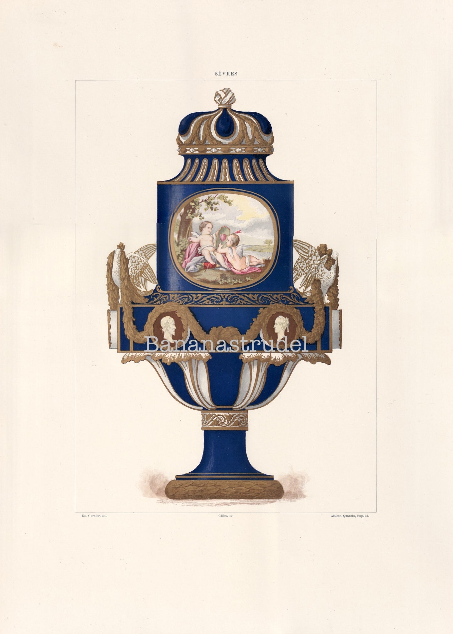 Sevres Porcelain - 1892 Rare Large Antique Print of the Soft Porcelain of Royal Factory of Sévres - Painted by Edouard Garnier - Cherubs