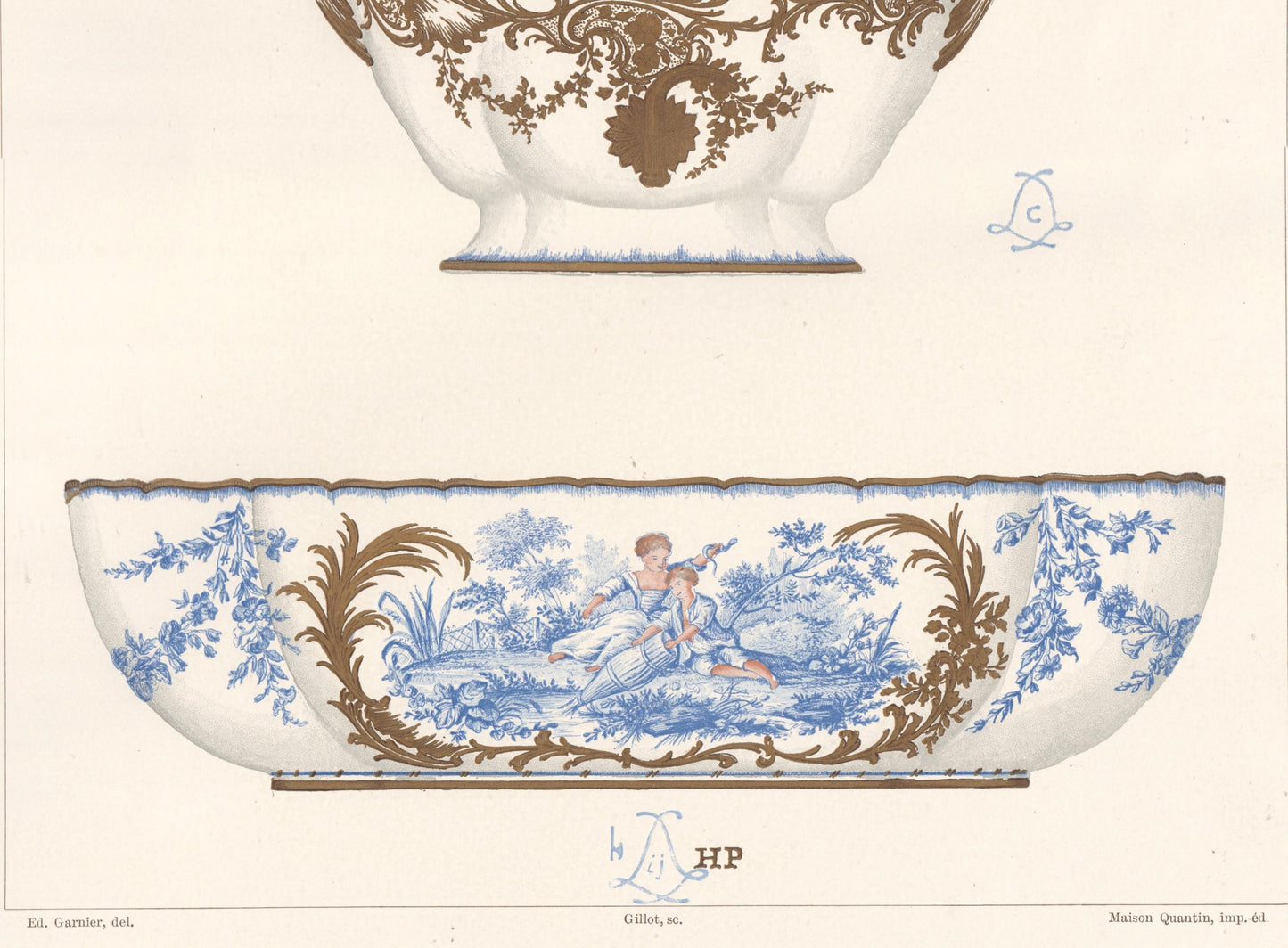 Sevres Porcelain - 1892 Rare Large Antique Print of the Soft Porcelain of Royal Factory of Sévres - By Edouard Garnier - Blue Rustic Scenes