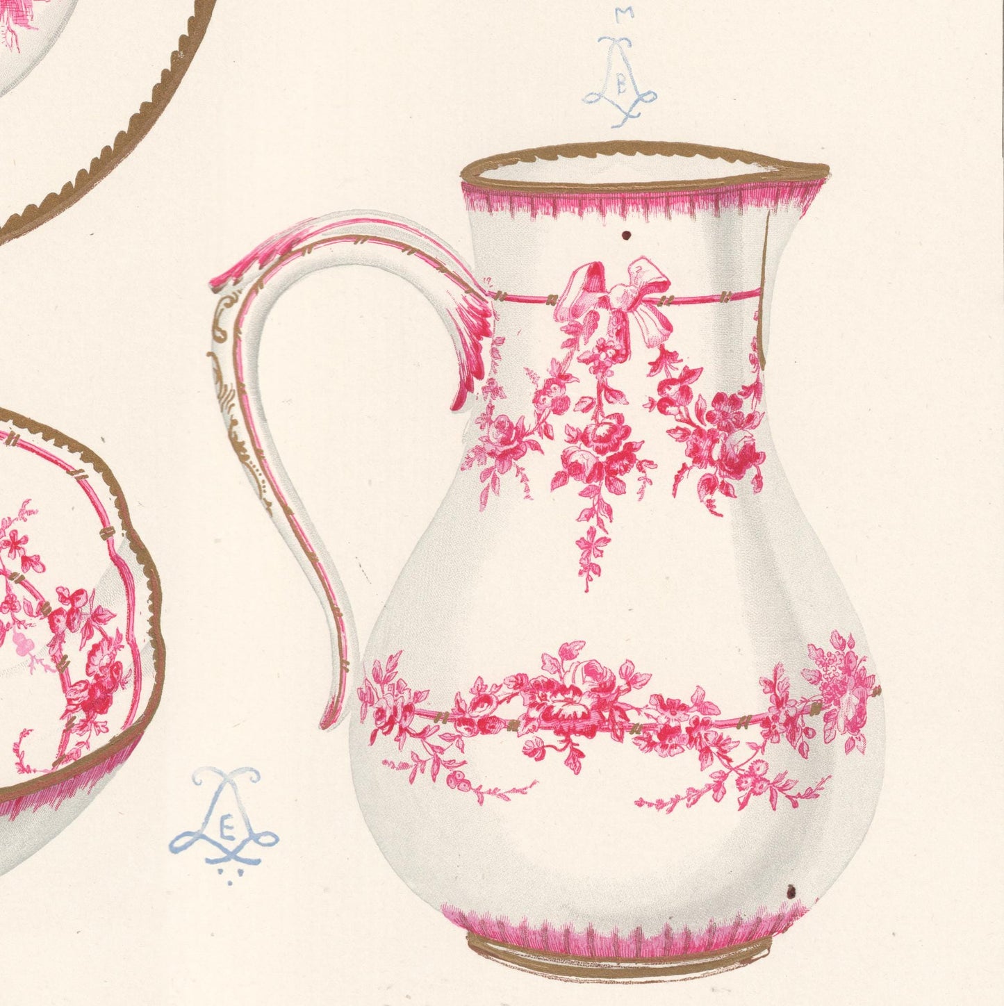 Sevres Porcelain - 1892 Rare Large Antique Print of the Soft Porcelain of Royal Factory of Sévres - By Edouard Garnier - Flowers and Cherubs