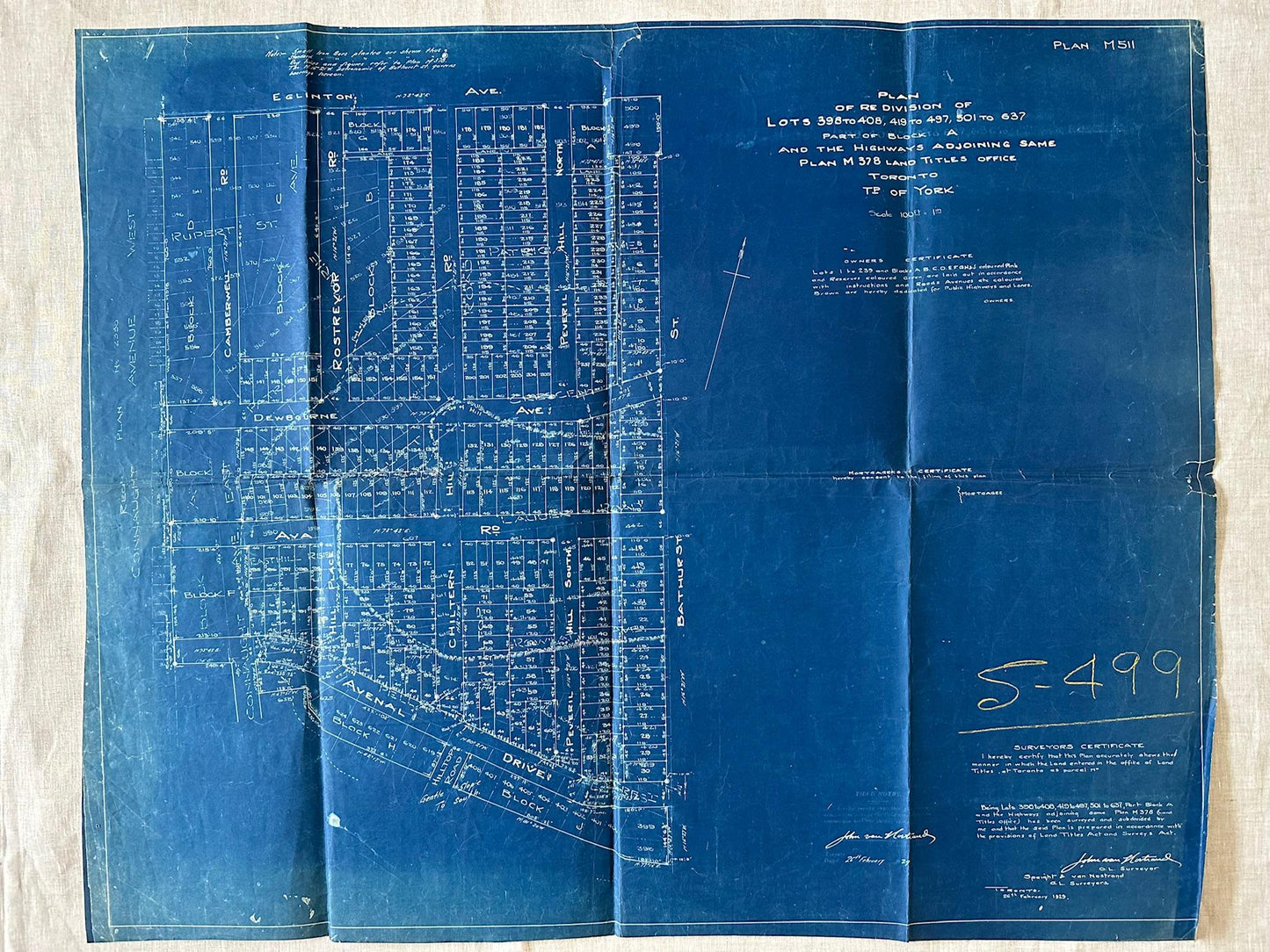 Rare 1929 Blueprint Map / Forest Hill / Town of York / Bathurst Connaught Eglinton / Part 1
