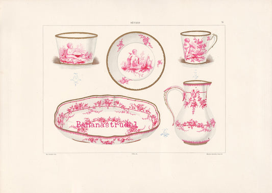 Sevres Porcelain - 1892 Rare Large Antique Print of the Soft Porcelain of Royal Factory of Sévres - By Edouard Garnier - Flowers and Cherubs