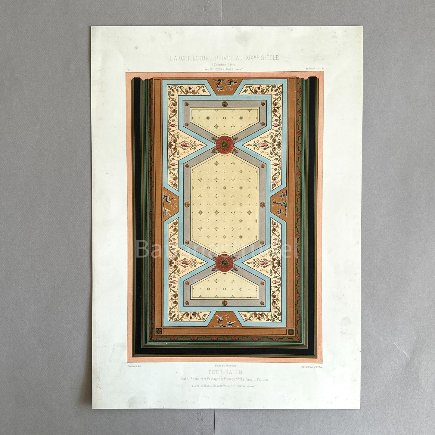 19th-century French architectural print of a Petit Salon ceiling in Paris, featuring gold-heightened neoclassical motifs and vibrant Victorian-era colors.
