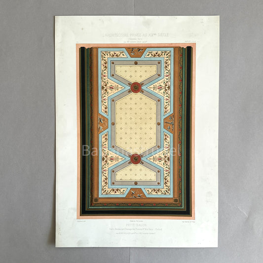 19th-century French architectural print of a Petit Salon ceiling in Paris, featuring gold-heightened neoclassical motifs and vibrant Victorian-era colors.