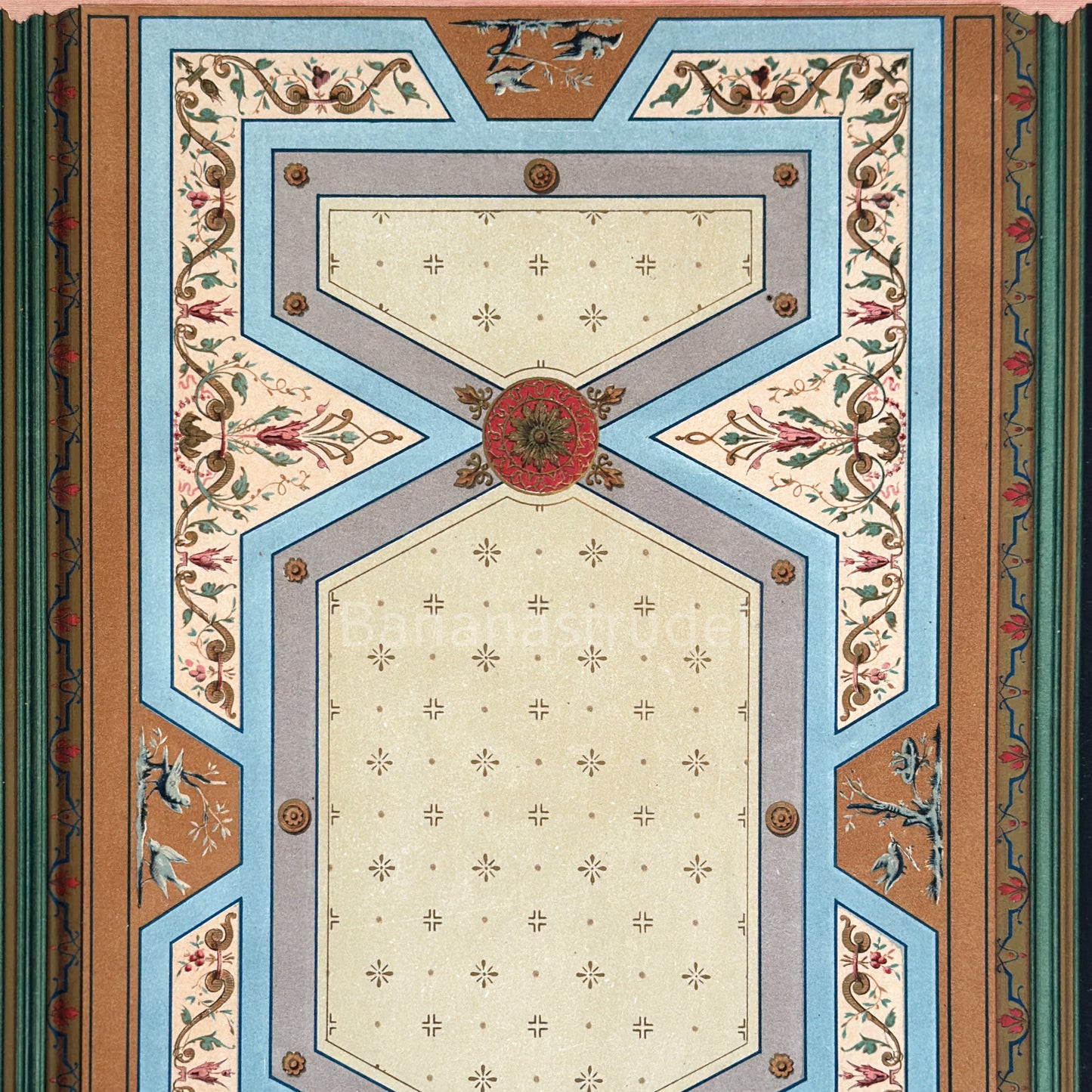 19th-century French architectural print of a Petit Salon ceiling in Paris, featuring gold-heightened neoclassical motifs and vibrant Victorian-era colors.