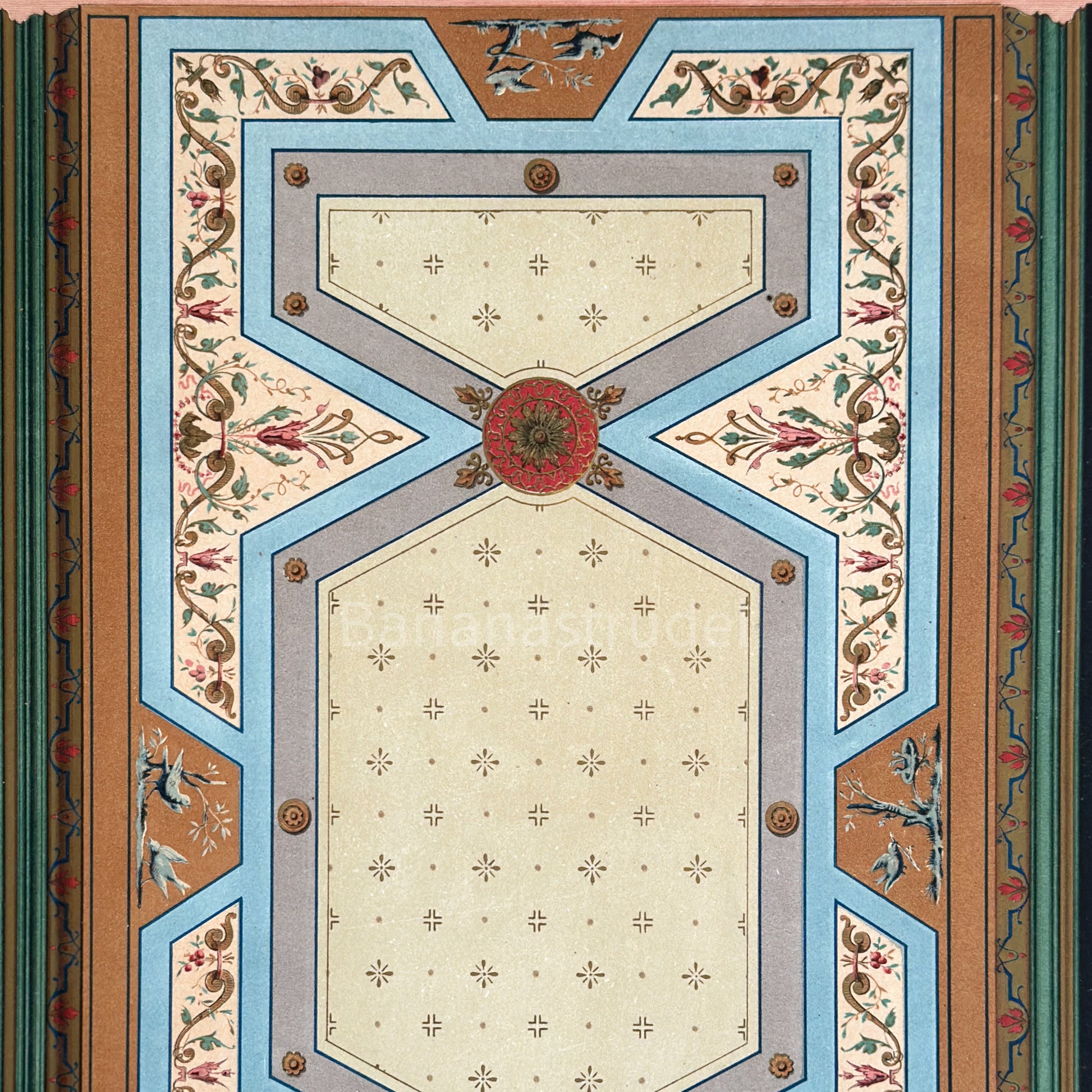 19th-century French architectural print of a Petit Salon ceiling in Paris, featuring gold-heightened neoclassical motifs and vibrant Victorian-era colors.
