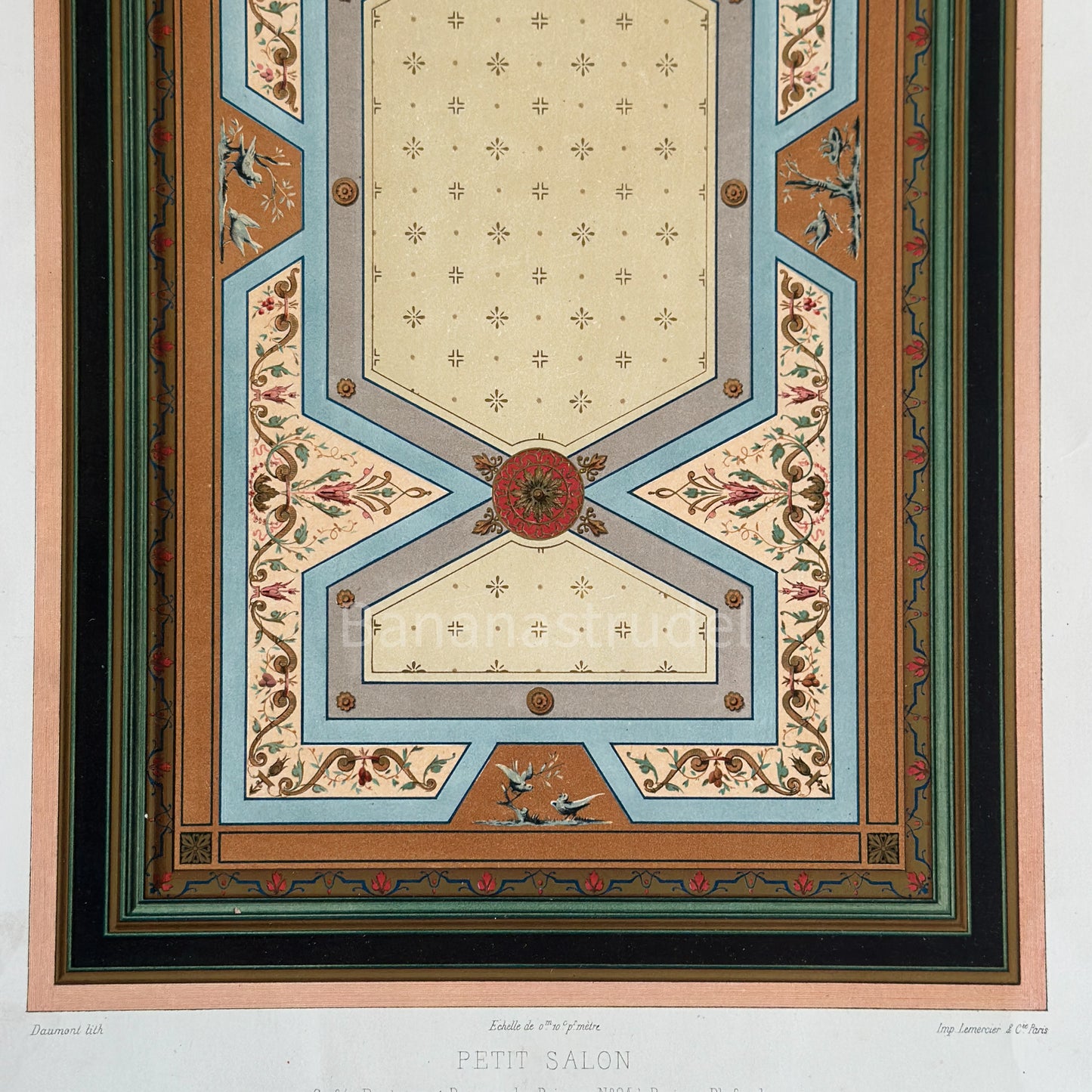 19th-century French architectural print of a Petit Salon ceiling in Paris, featuring gold-heightened neoclassical motifs and vibrant Victorian-era colors.