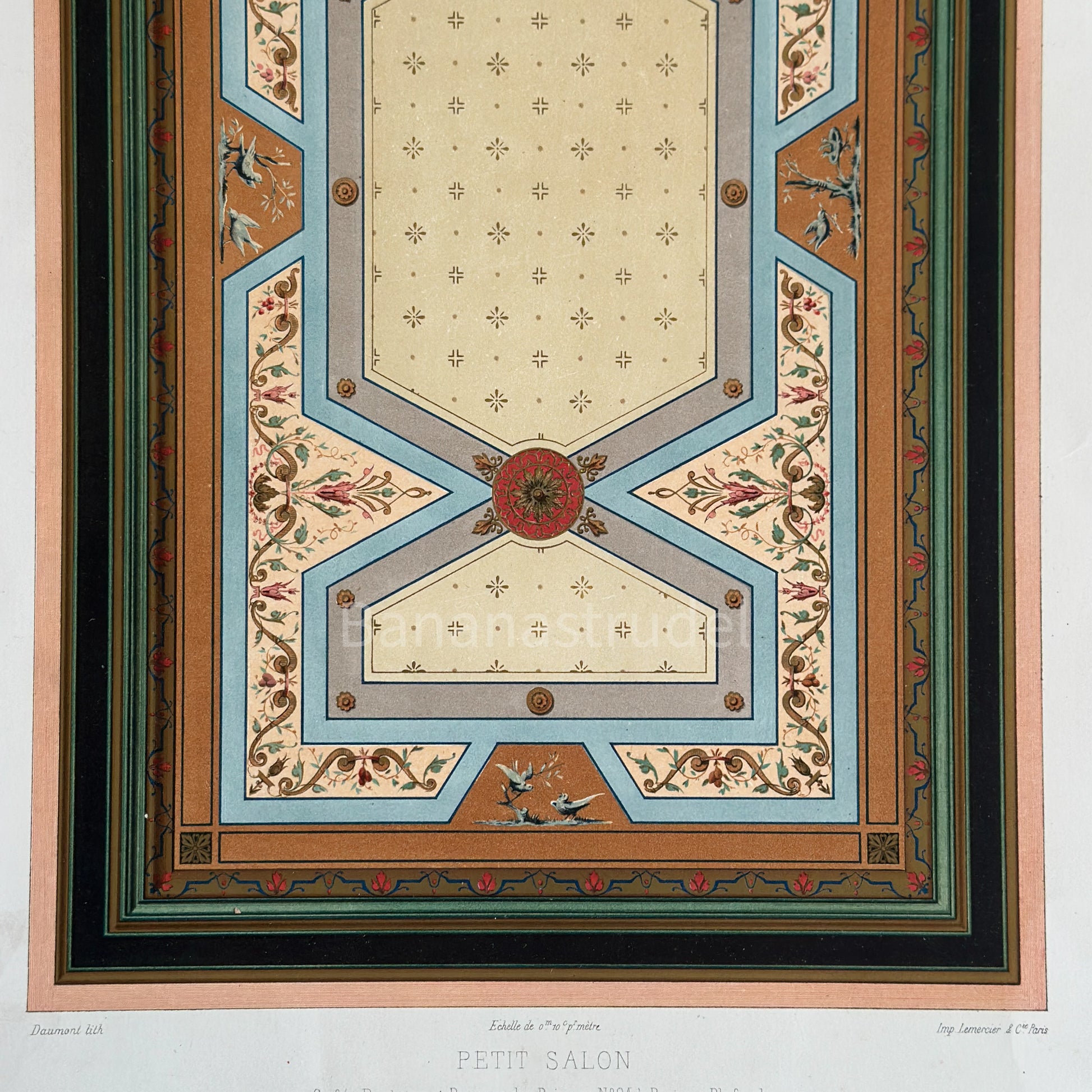 19th-century French architectural print of a Petit Salon ceiling in Paris, featuring gold-heightened neoclassical motifs and vibrant Victorian-era colors.