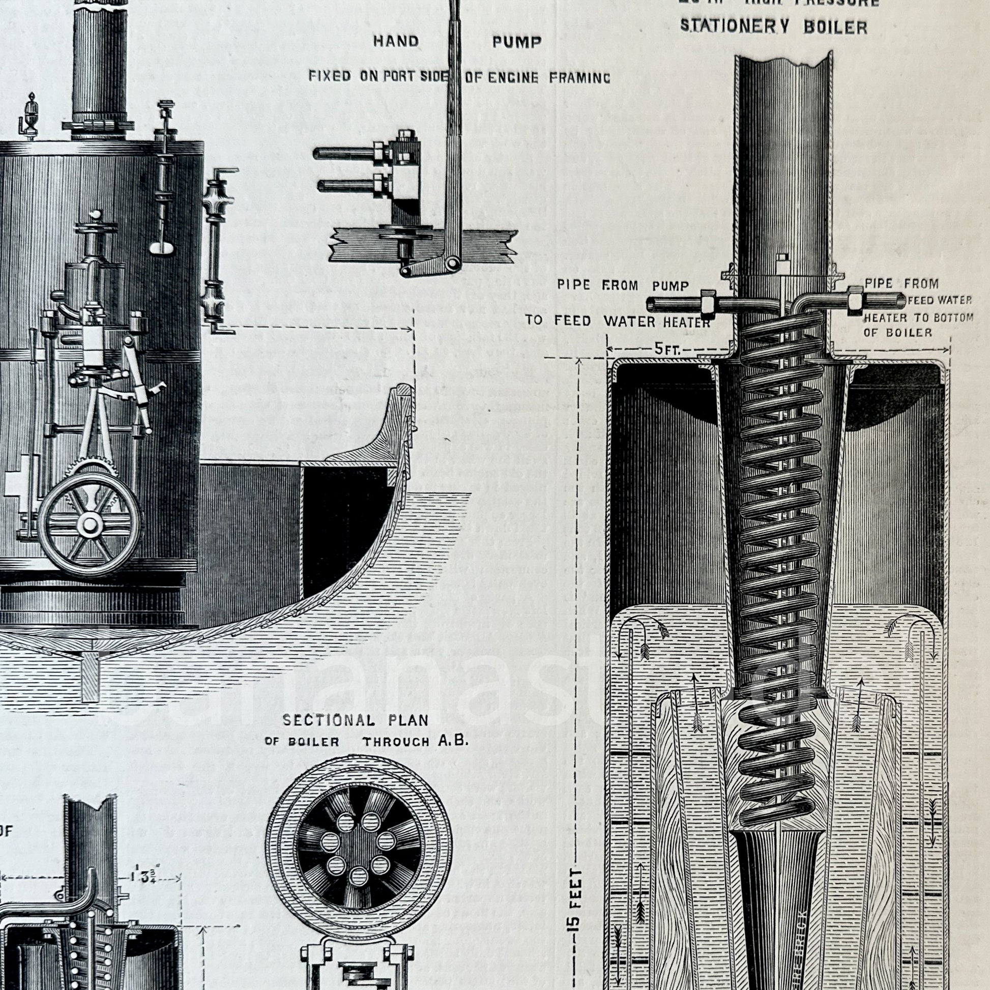 Original 1869 engraving of Messinger's Vertical Water Tube Boiler and Steam Yacht Engine from Engineering journal, 10.75 x 15.5 inches.