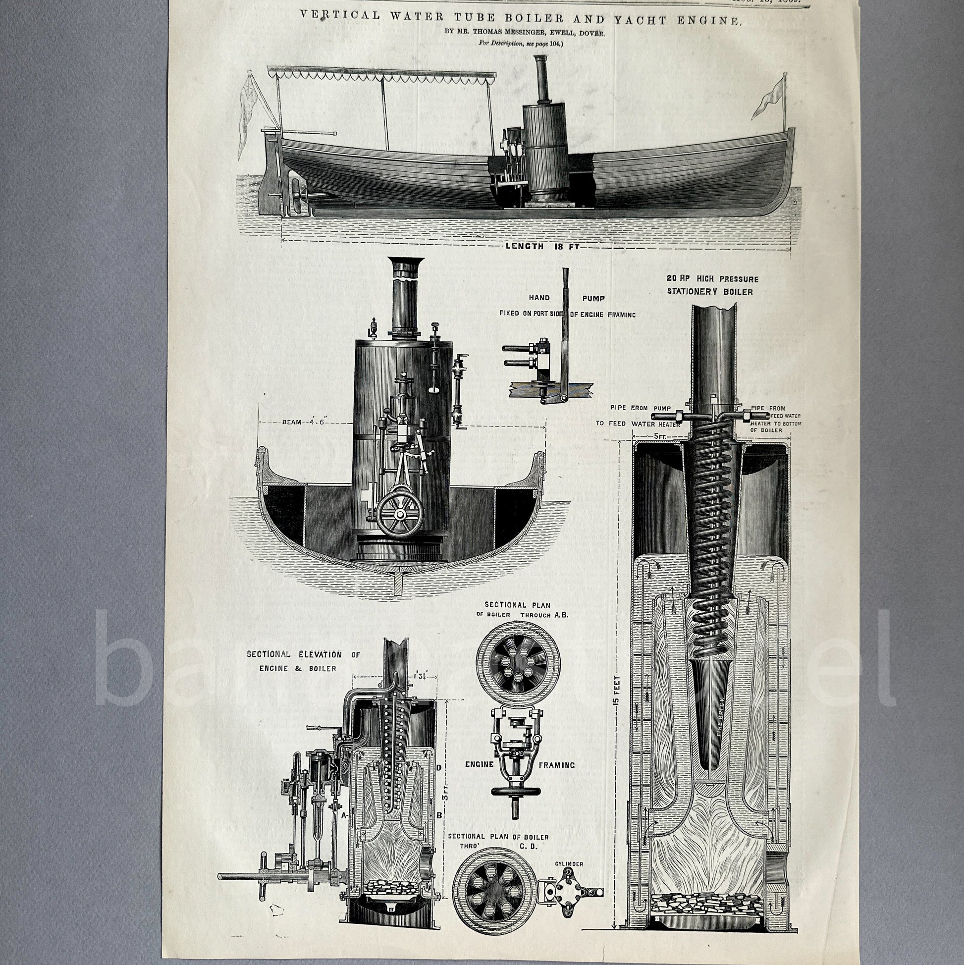 Original 1869 engraving of Messinger's Vertical Water Tube Boiler and Steam Yacht Engine from Engineering journal, 10.75 x 15.5 inches.