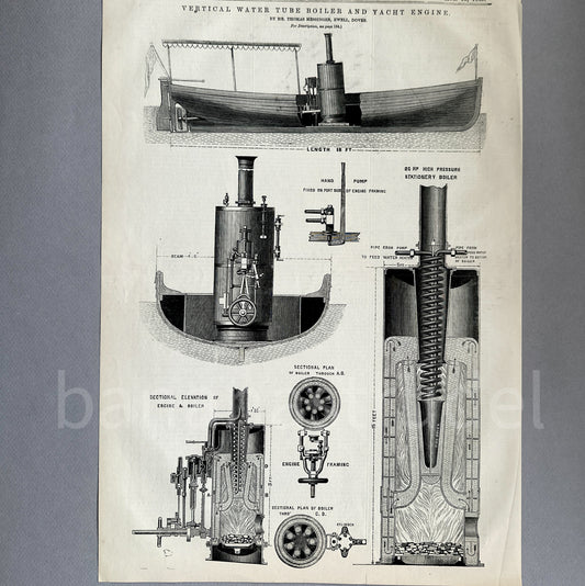 Original 1869 engraving of Messinger's Vertical Water Tube Boiler and Steam Yacht Engine from Engineering journal, 10.75 x 15.5 inches.
