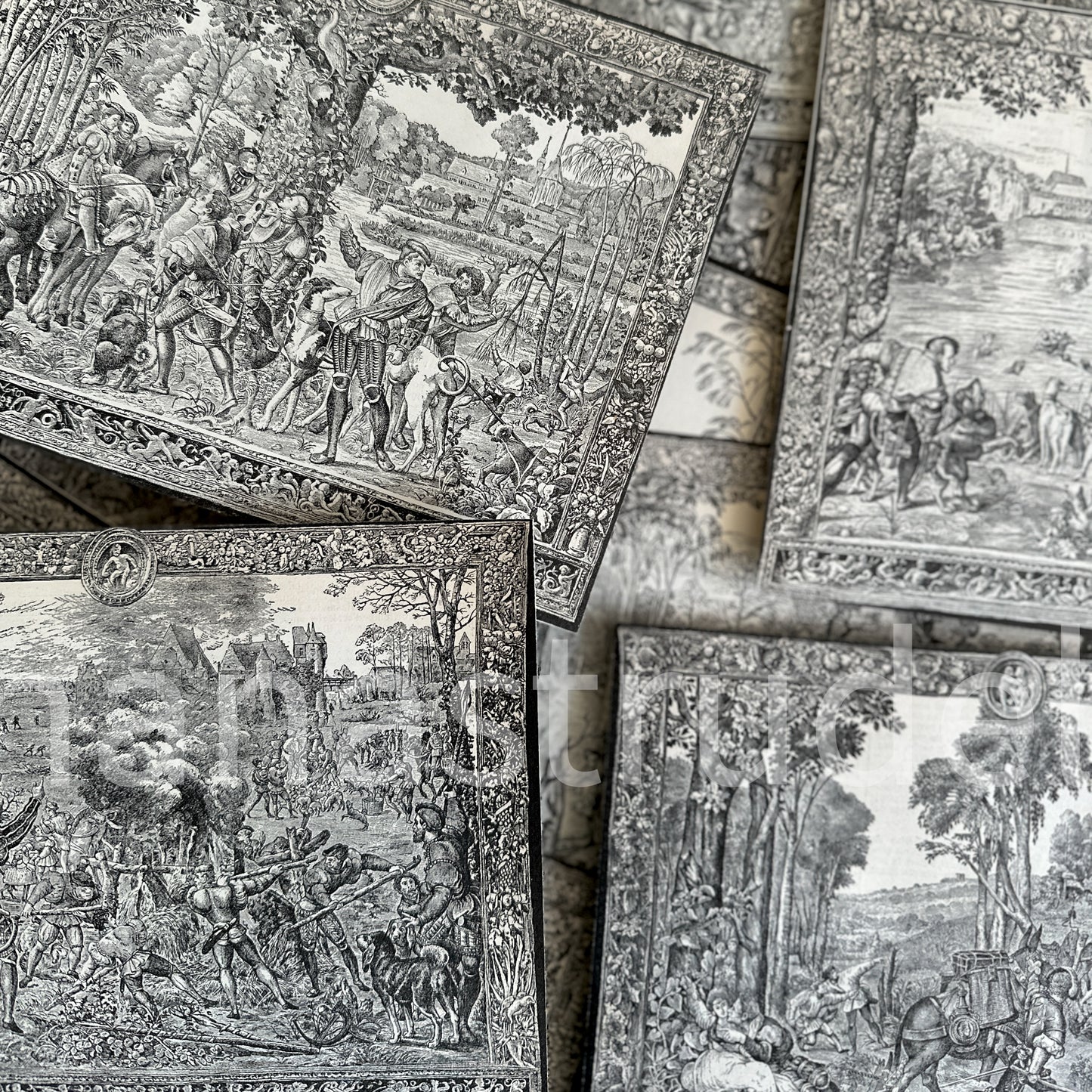 Set of 12 authentic 1911 French hand-cut engravings featuring Labours of the Months and astrological signs in ornate mythological borders; original Nouveau Larousse Illustré antique ephemera for junk journaling and collage.