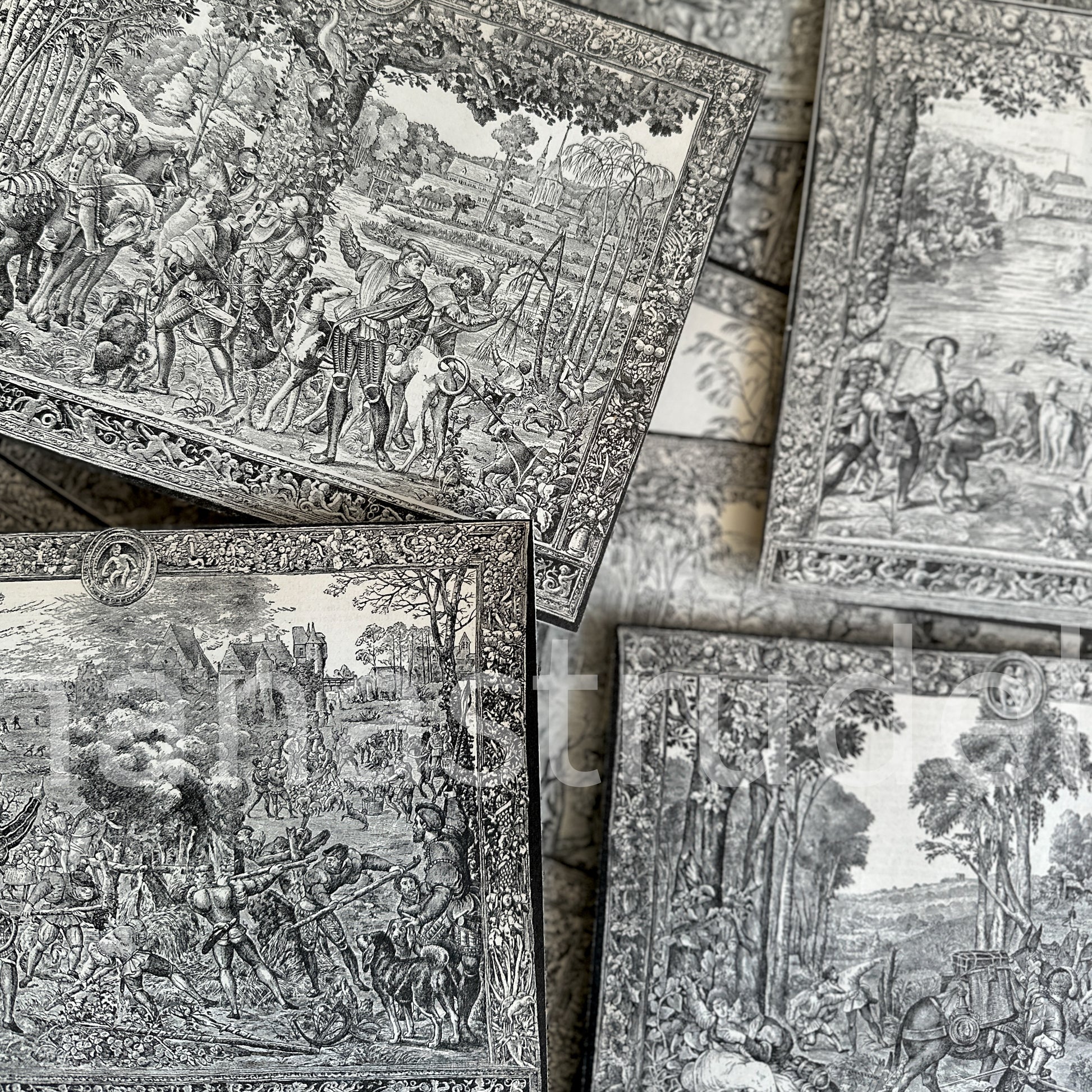 Set of 12 authentic 1911 French hand-cut engravings featuring Labours of the Months and astrological signs in ornate mythological borders; original Nouveau Larousse Illustré antique ephemera for junk journaling and collage.