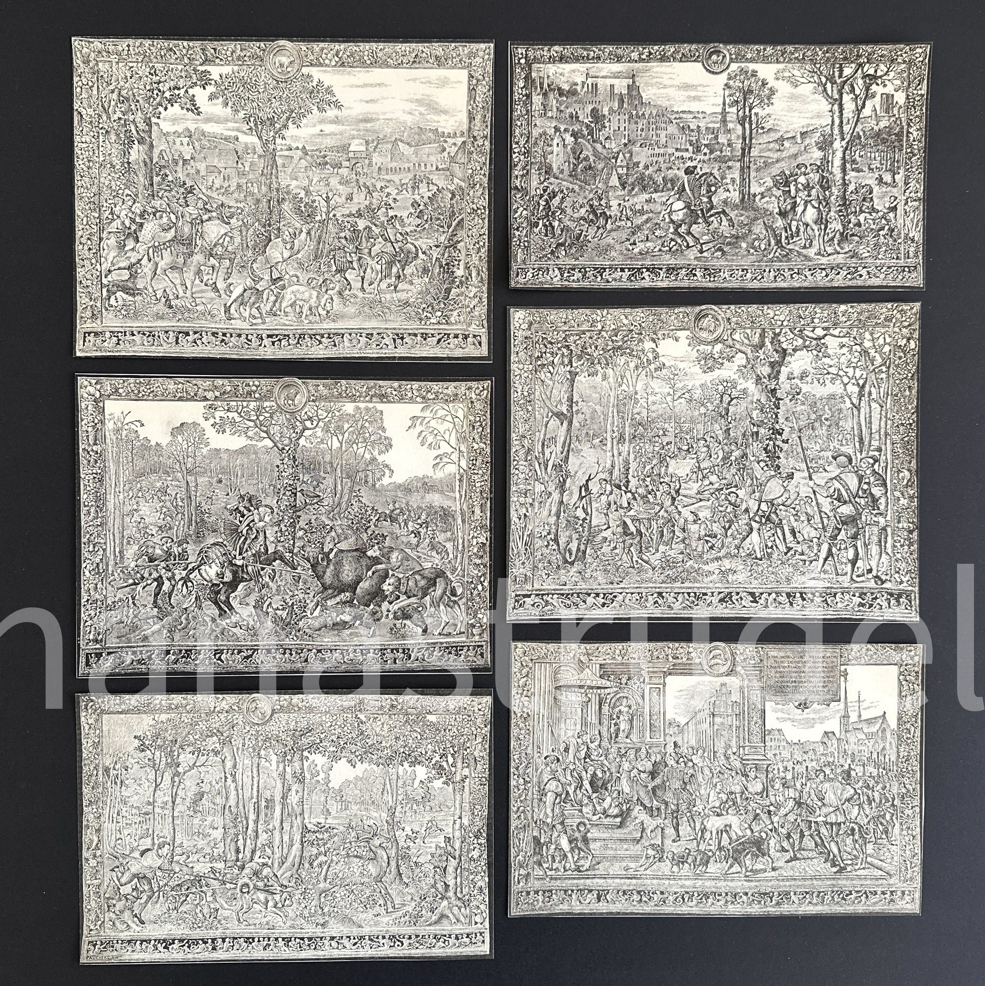 Set of 12 authentic 1911 French hand-cut engravings featuring Labours of the Months and astrological signs in ornate mythological borders; original Nouveau Larousse Illustré antique ephemera for junk journaling and collage.