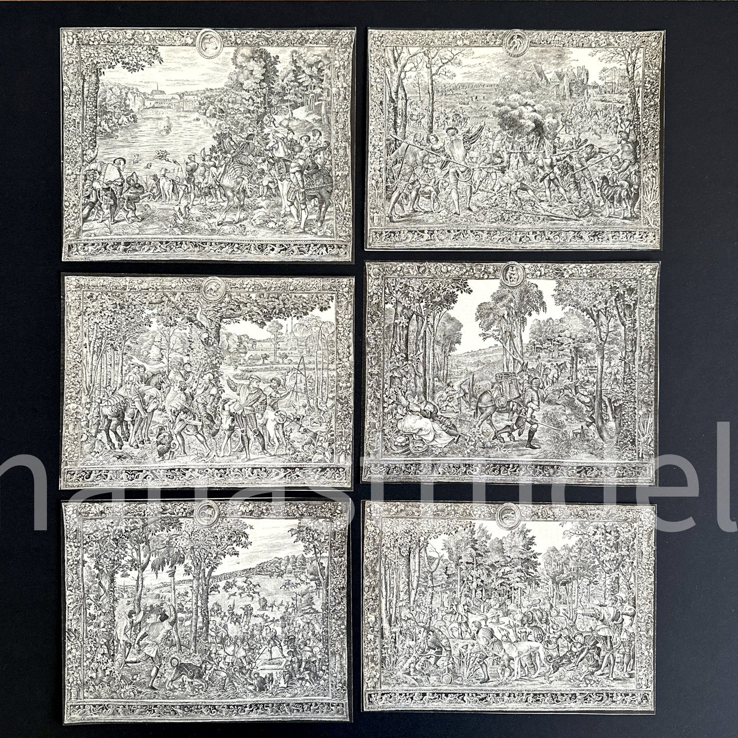 Set of 12 authentic 1911 French hand-cut engravings featuring Labours of the Months and astrological signs in ornate mythological borders; original Nouveau Larousse Illustré antique ephemera for junk journaling and collage.