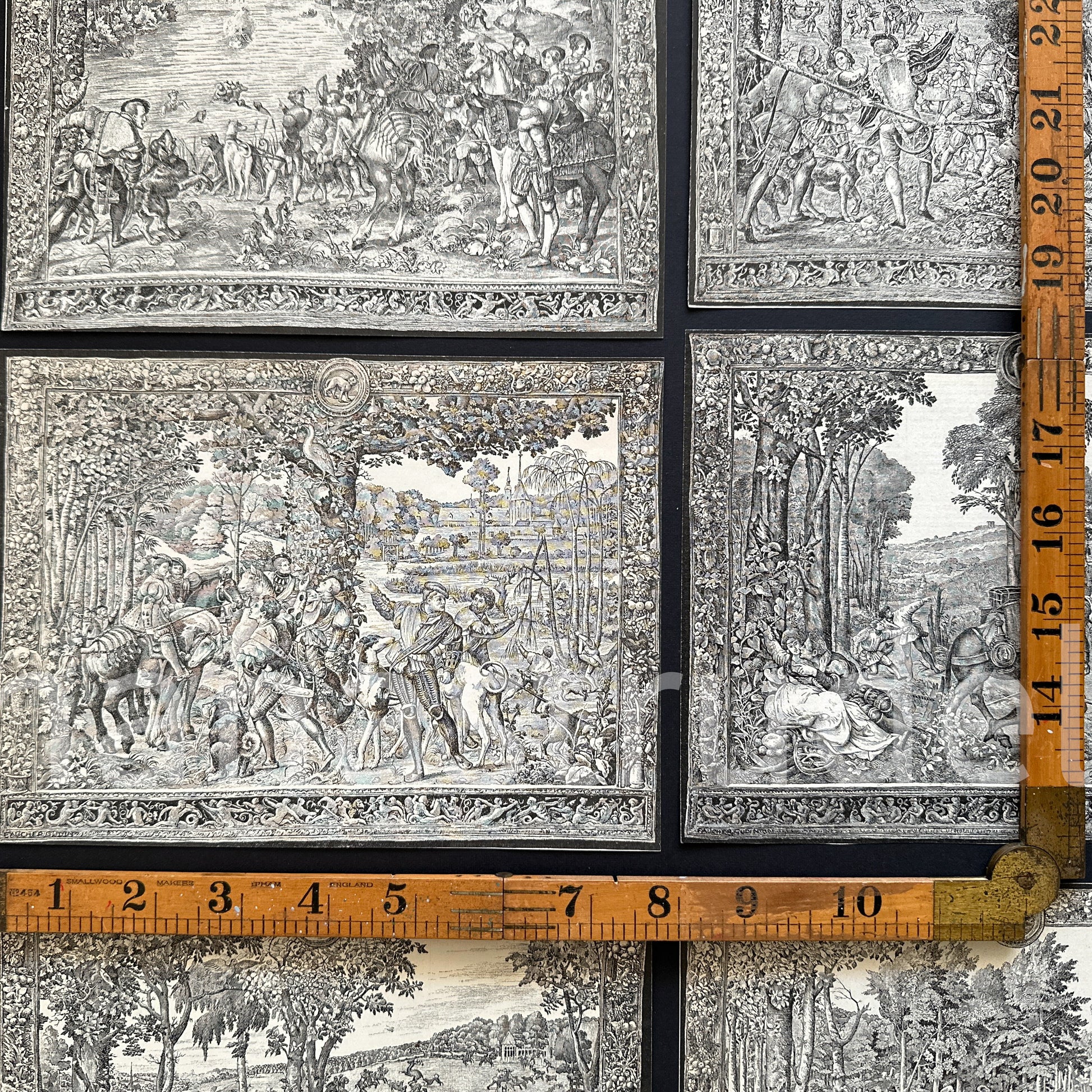 Set of 12 authentic 1911 French hand-cut engravings featuring Labours of the Months and astrological signs in ornate mythological borders; original Nouveau Larousse Illustré antique ephemera for junk journaling and collage.